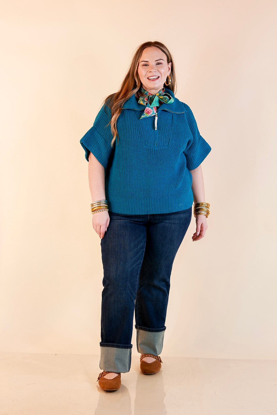 Zipped and Ready Ribbed Knit Half Zip Collared Short Sleeve Sweater Top in Teal