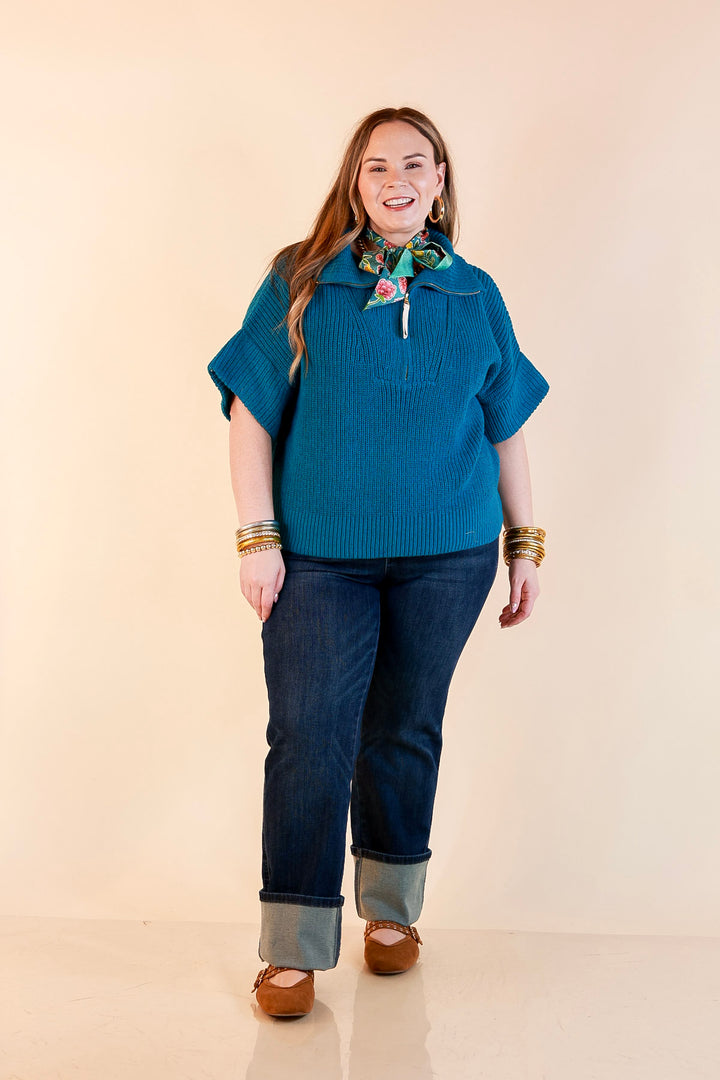 Zipped and Ready Ribbed Knit Half Zip Collared Short Sleeve Sweater Top in Teal