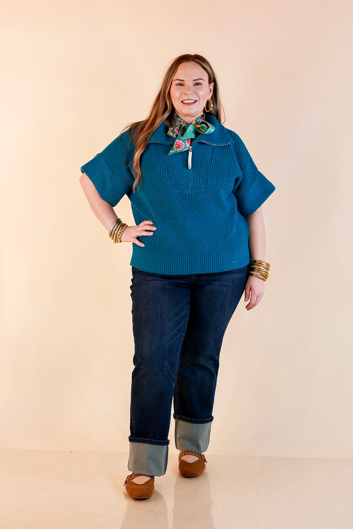 Zipped and Ready Ribbed Knit Half Zip Collared Short Sleeve Sweater Top in Teal