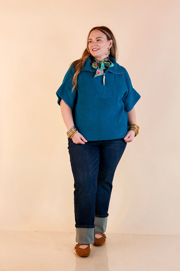 Zipped and Ready Ribbed Knit Half Zip Collared Short Sleeve Sweater Top in Teal