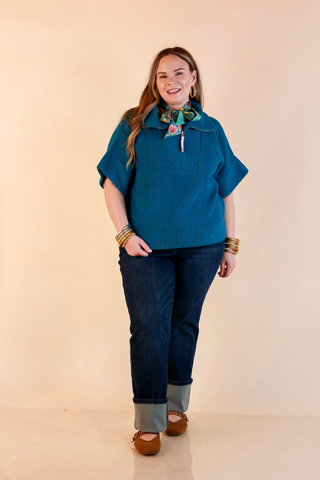 Zipped and Ready Ribbed Knit Half Zip Collared Short Sleeve Sweater Top in Teal