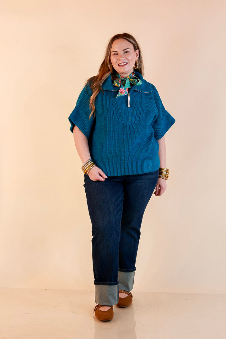 Zipped and Ready Ribbed Knit Half Zip Collared Short Sleeve Sweater Top in Teal