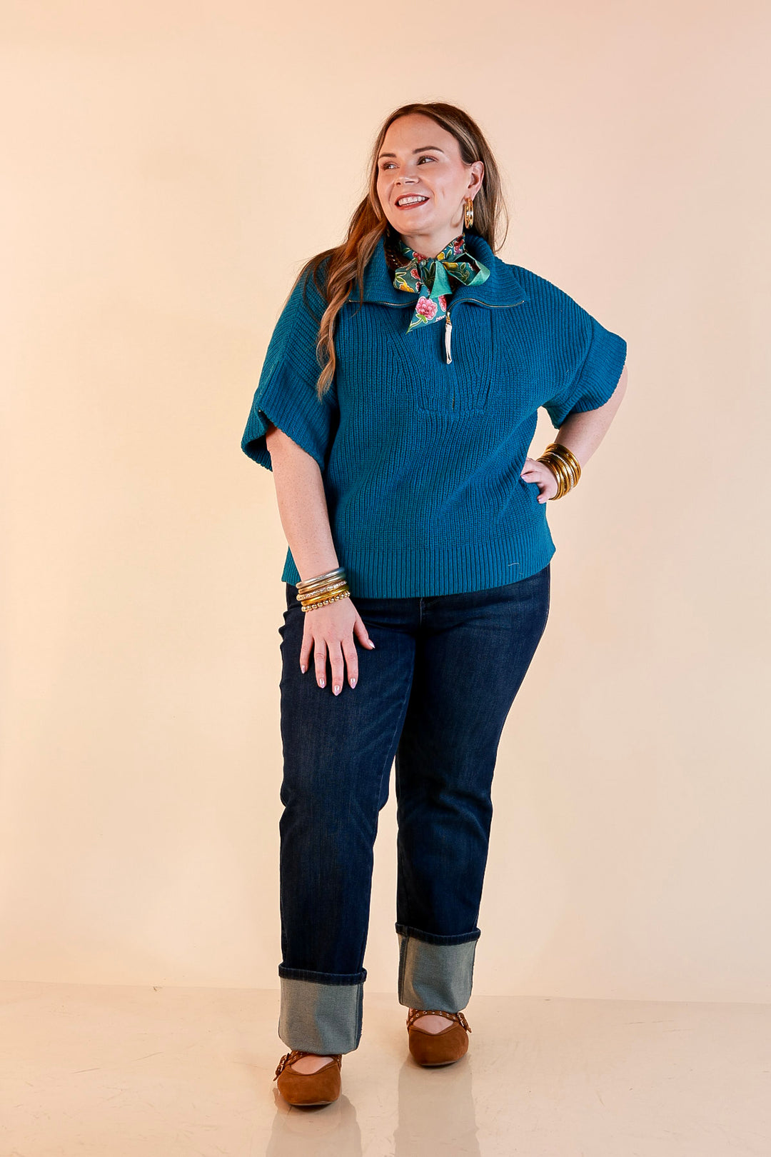 Zipped and Ready Ribbed Knit Half Zip Collared Short Sleeve Sweater Top in Teal