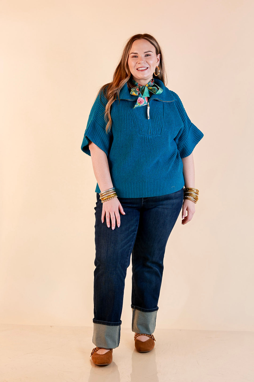 Zipped and Ready Ribbed Knit Half Zip Collared Short Sleeve Sweater Top in Teal