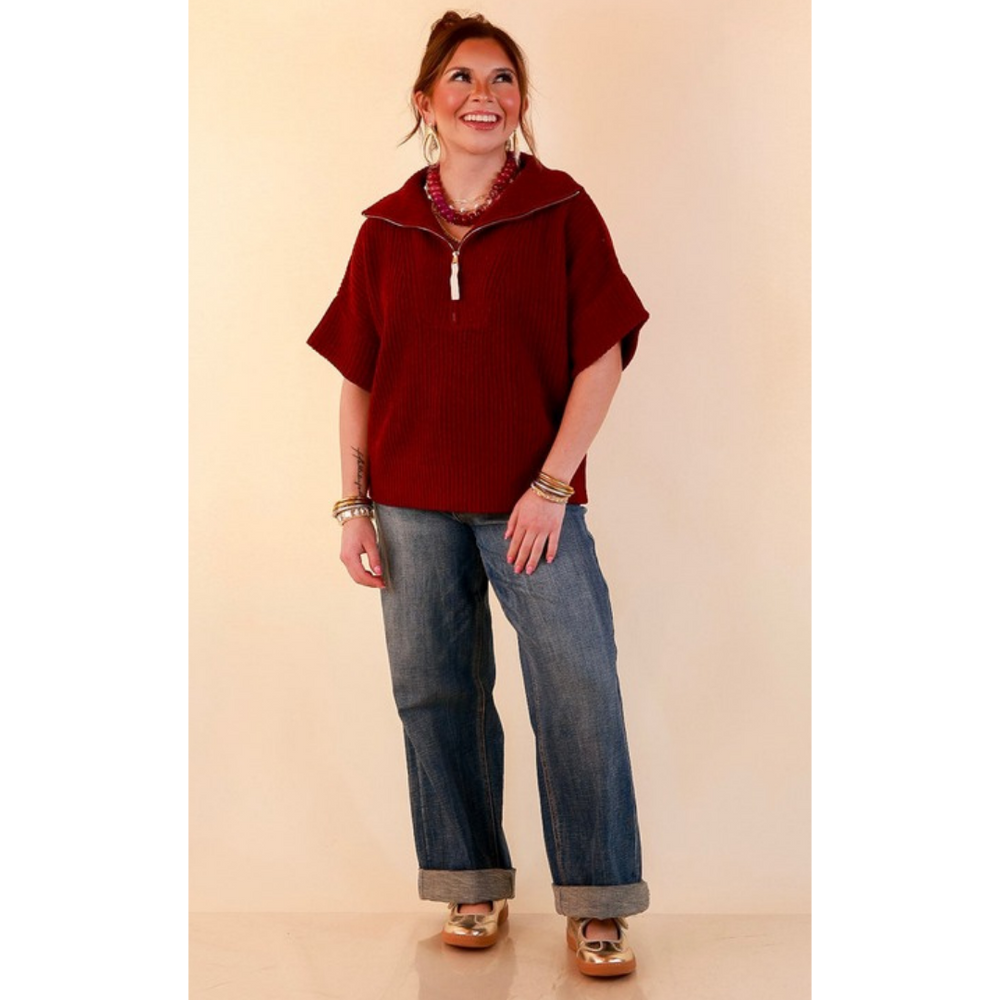 Zipped and Ready Ribbed Knit Half Zip Collared Short Sleeve Sweater Top in Maroon