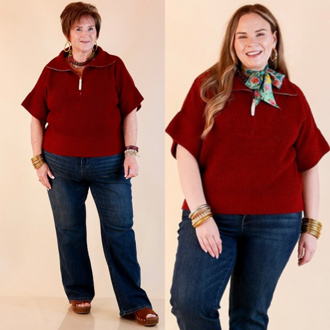 Zipped and Ready Ribbed Knit Half Zip Collared Short Sleeve Sweater Top in Maroon