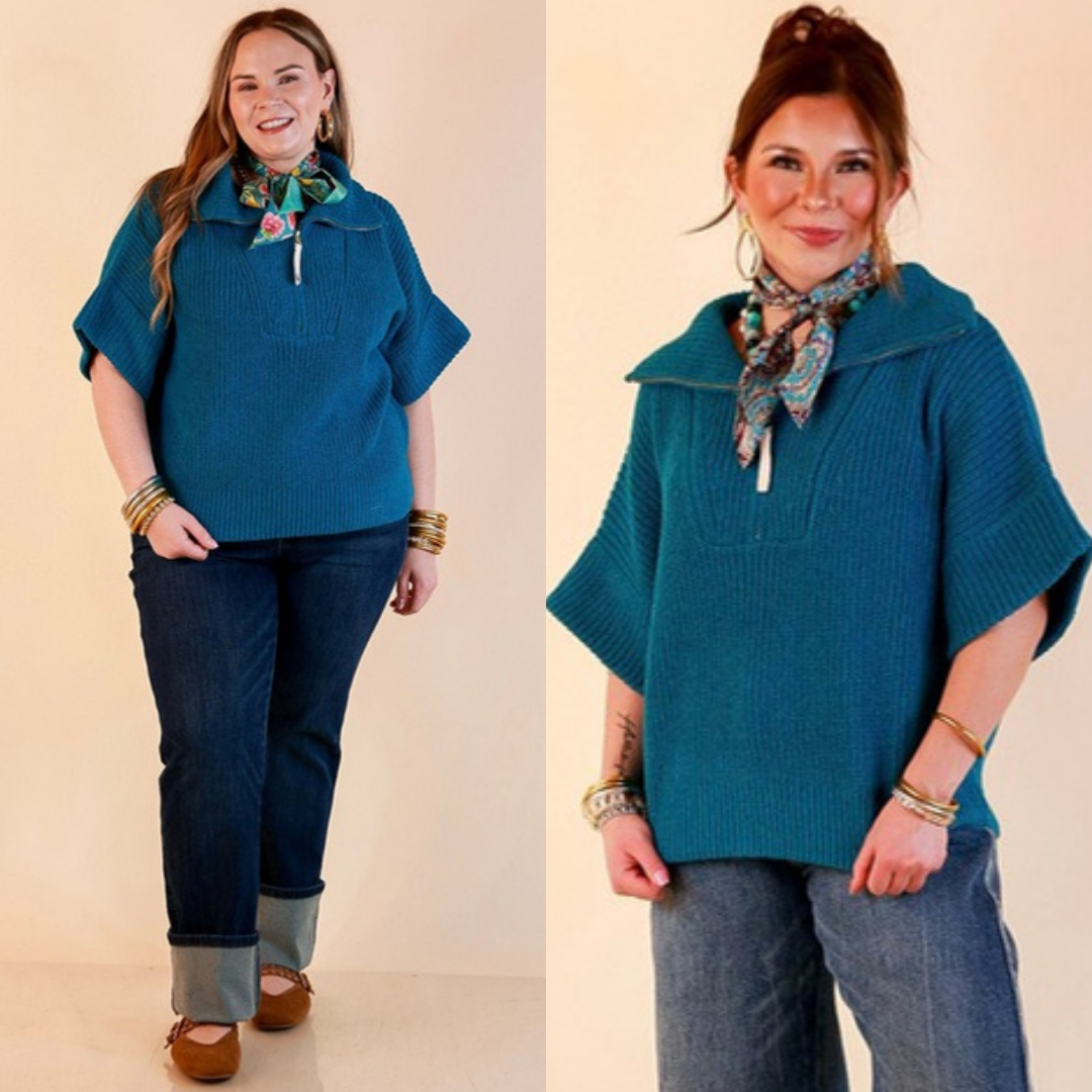 Zipped and Ready Ribbed Knit Half Zip Collared Short Sleeve Sweater Top in Teal
