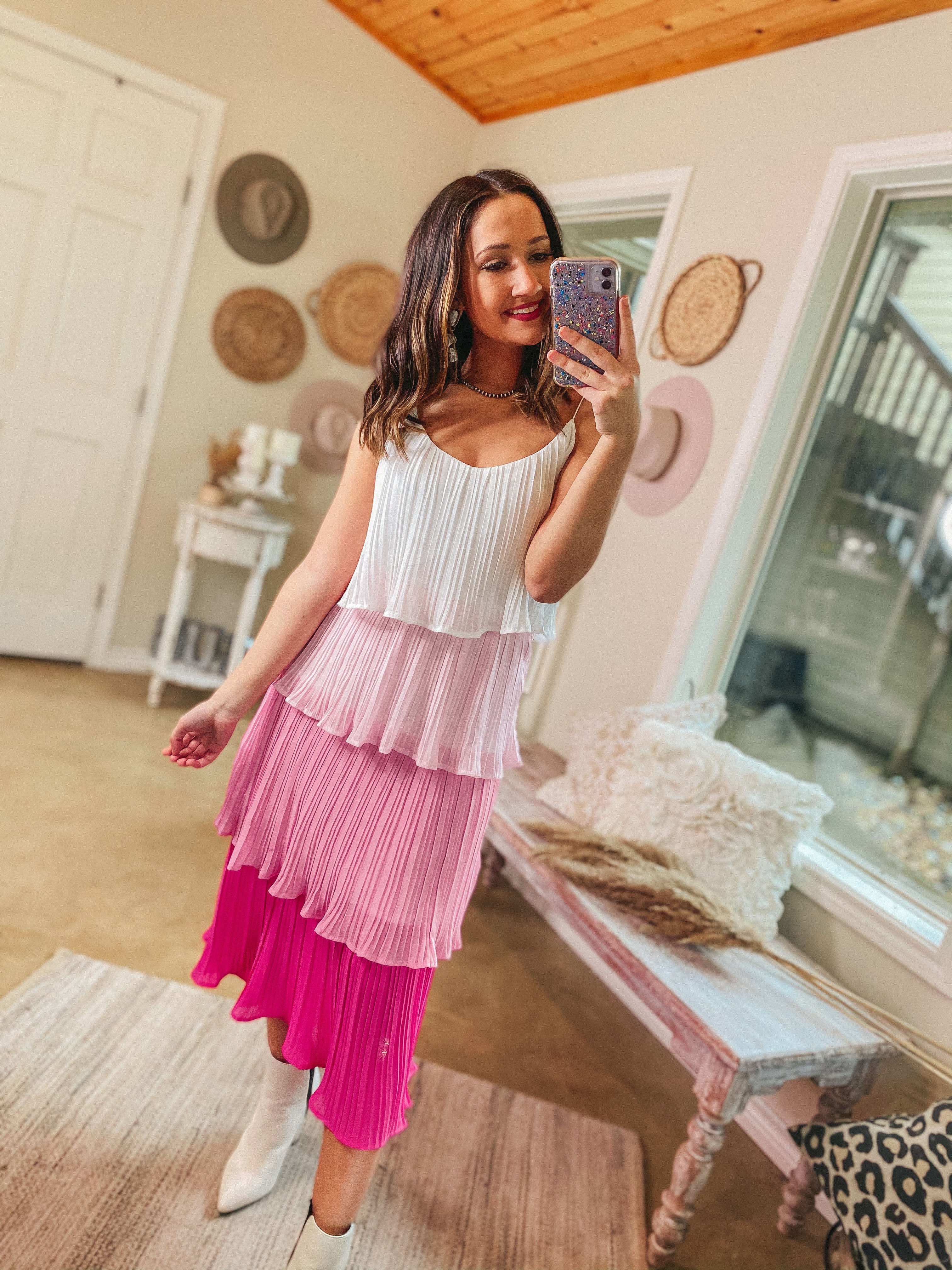 Poppin' Prosecco Ruffle Tiered Color Fade Midi Dress in Pink - Giddy Up Glamour Boutique