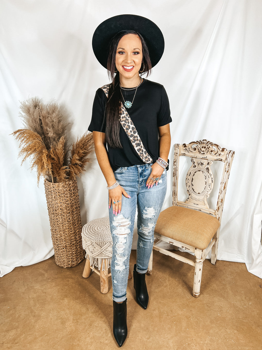 At It Again Leopard Print Diagonal Stripe Top in Black - Giddy Up Glamour Boutique