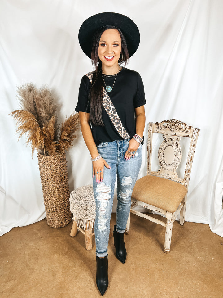 At It Again Leopard Print Diagonal Stripe Top in Black - Giddy Up Glamour Boutique