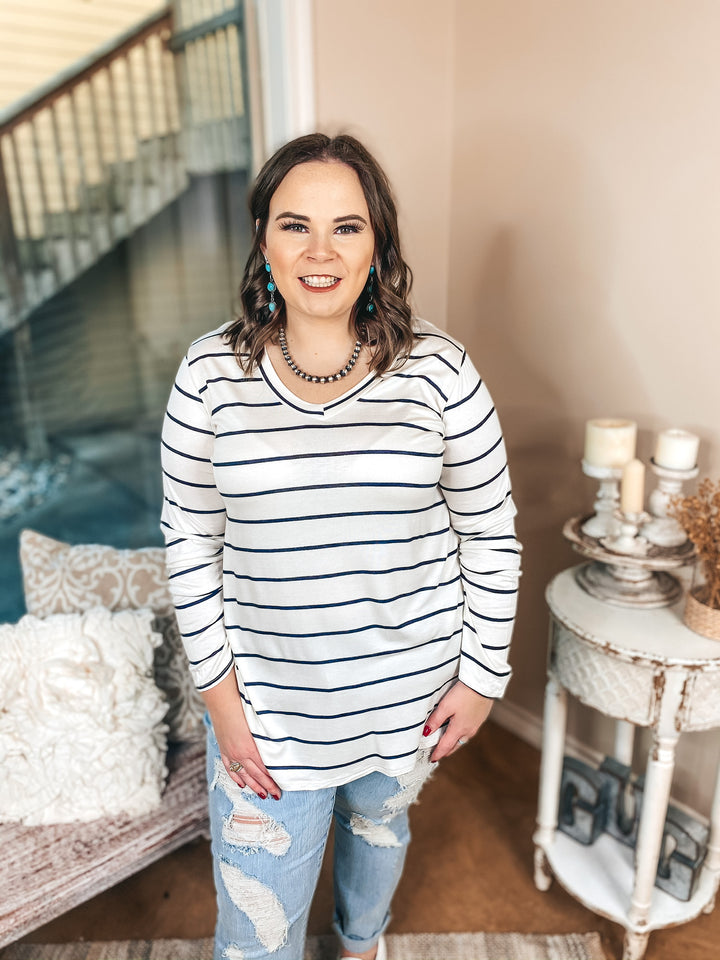 Keep Things Casual Long Sleeve Striped V Neck Tee in Ivory - Giddy Up Glamour Boutique