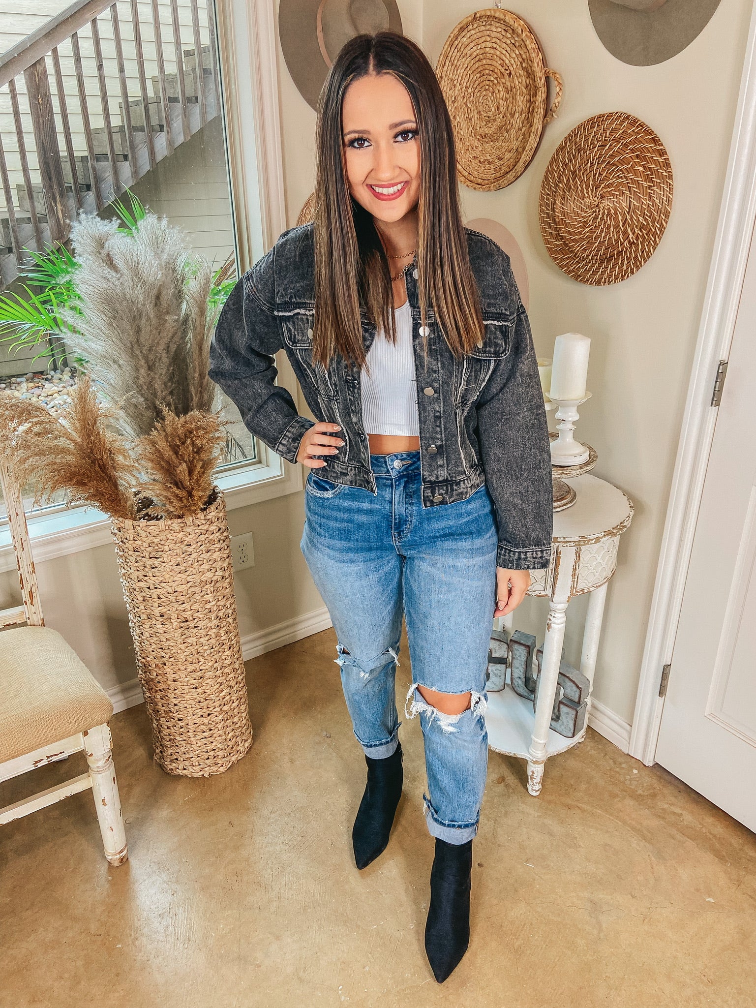 Fearless Looks Distressed Crop Denim Jacket in Faded Black - Giddy Up Glamour Boutique