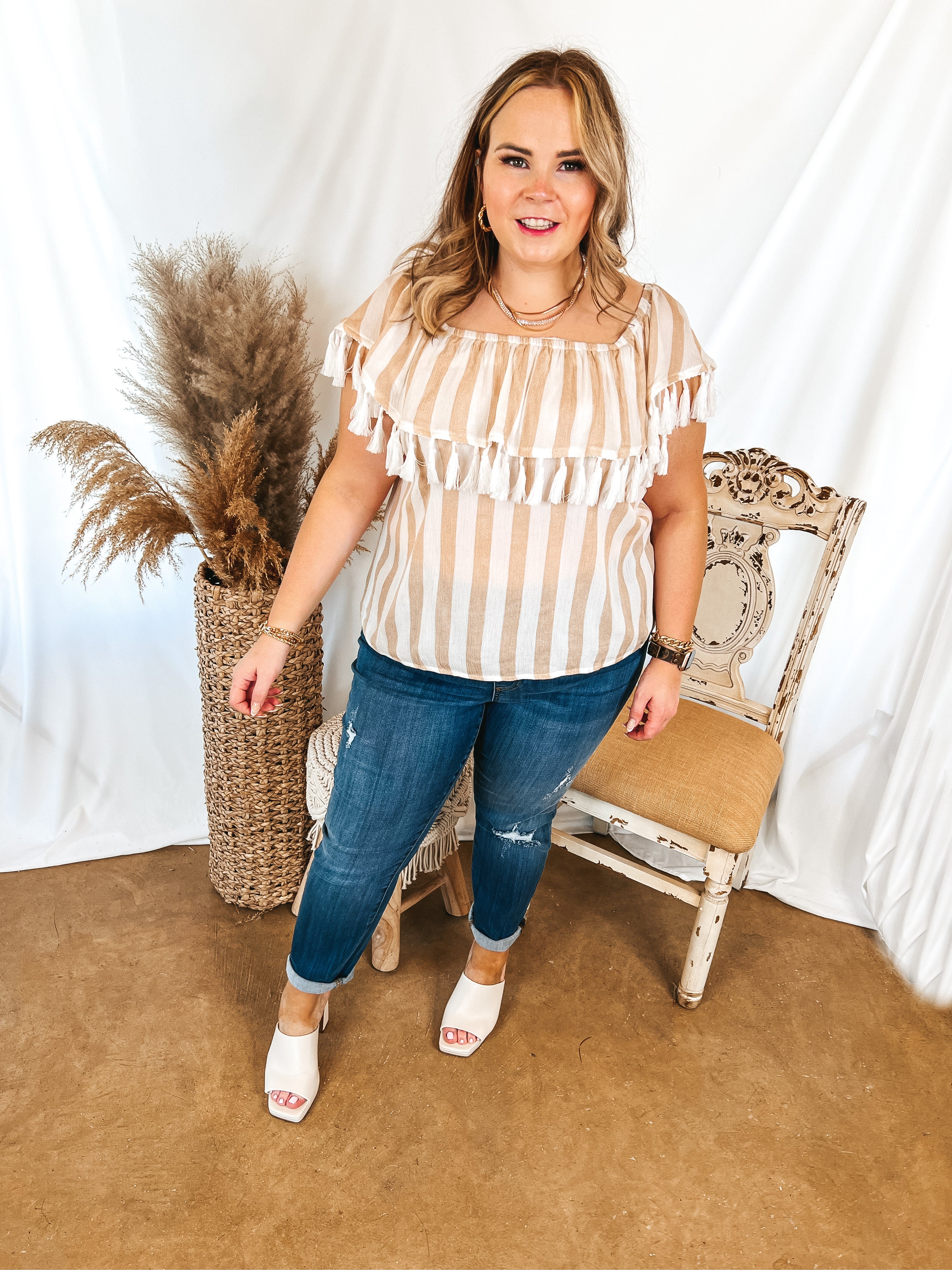 SoCal Sun Striped Off the Shoulder Top with Tassels in Ivory and Sand - Giddy Up Glamour Boutique