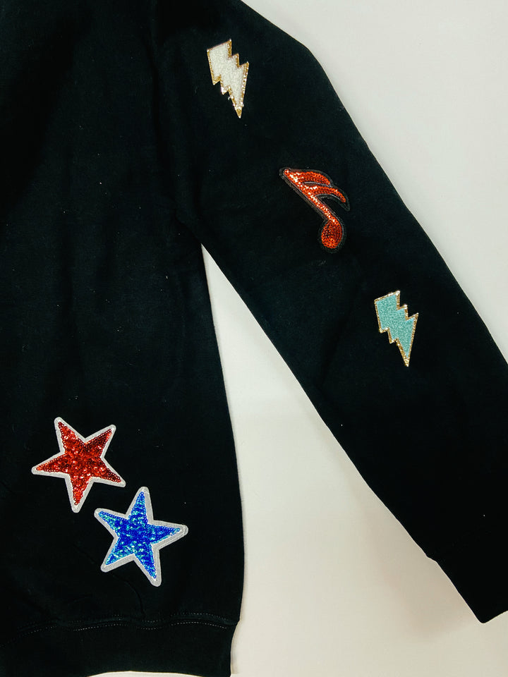 Nashville Lights Chenille and Sequin Patch Graphic Sweatshirt in Black - Giddy Up Glamour Boutique
