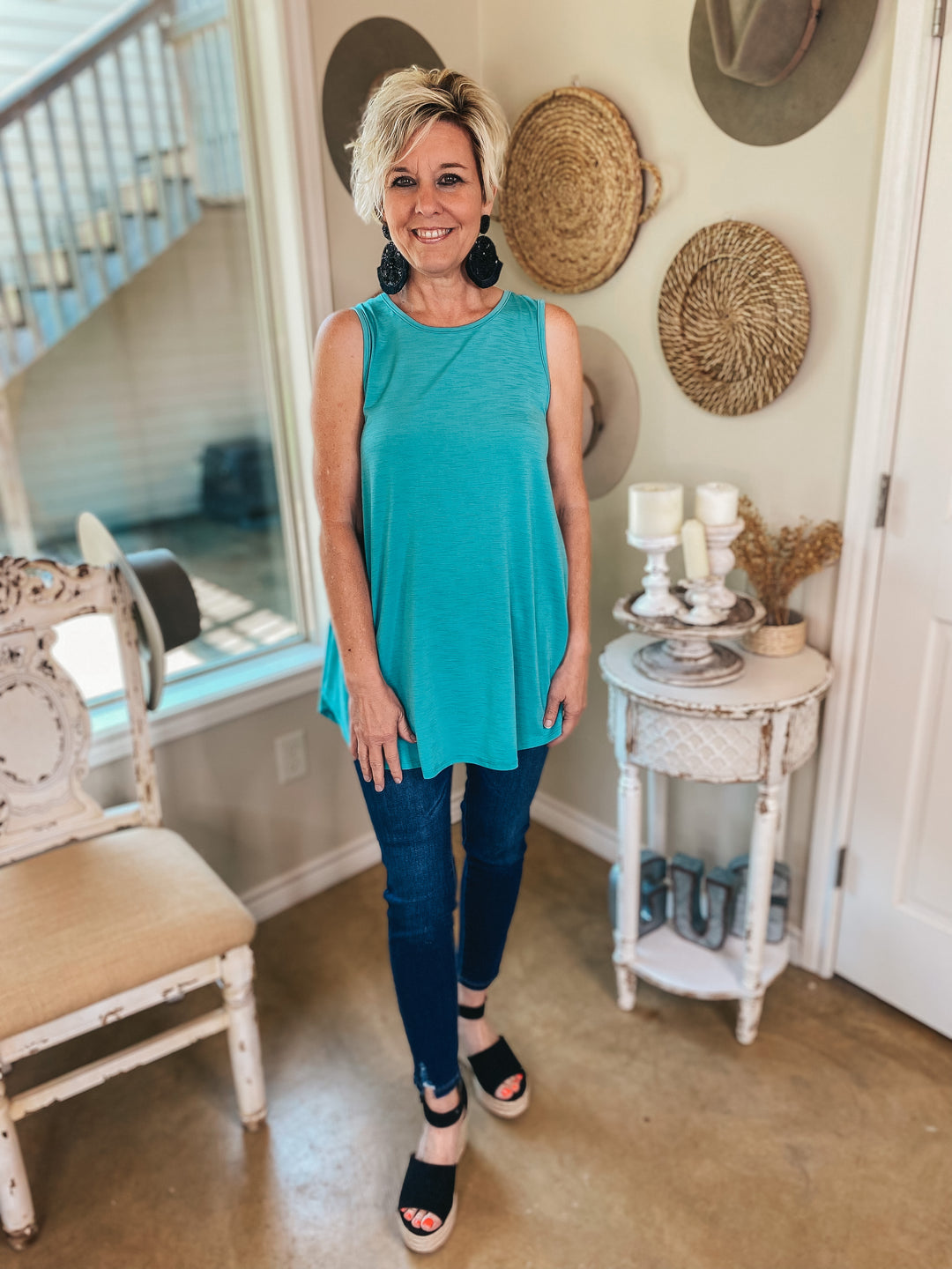 Give Me Joy Solid Bulgari A-Line Tank Top in Turquoise - Giddy Up Glamour Boutique