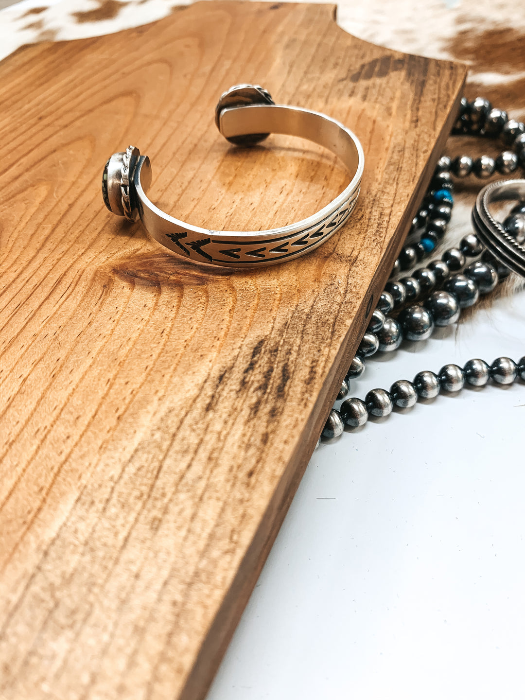 Rick Enricuez | Navajo Handmade Detailed Sterling Silver Cuff with Kingman Turquoise Endings - Giddy Up Glamour Boutique