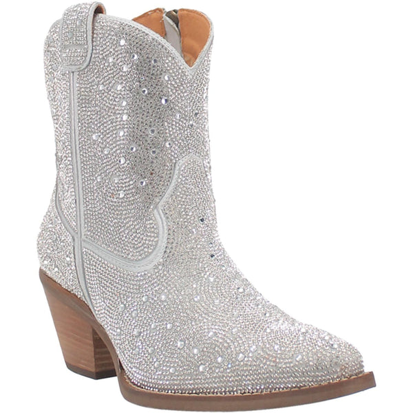 A small bootie with different size silver rhinestones from top to bottom, matching straps, short heel, and a V cut at the top.