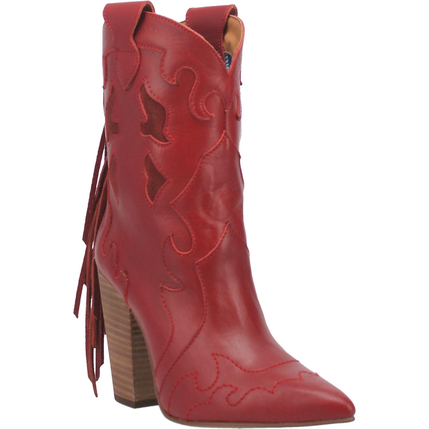 The boots shown are an ankle bootie with a rounded pointed toe made of genuine suede leather. They are red with a party fringe in the back and intricate detailing. 