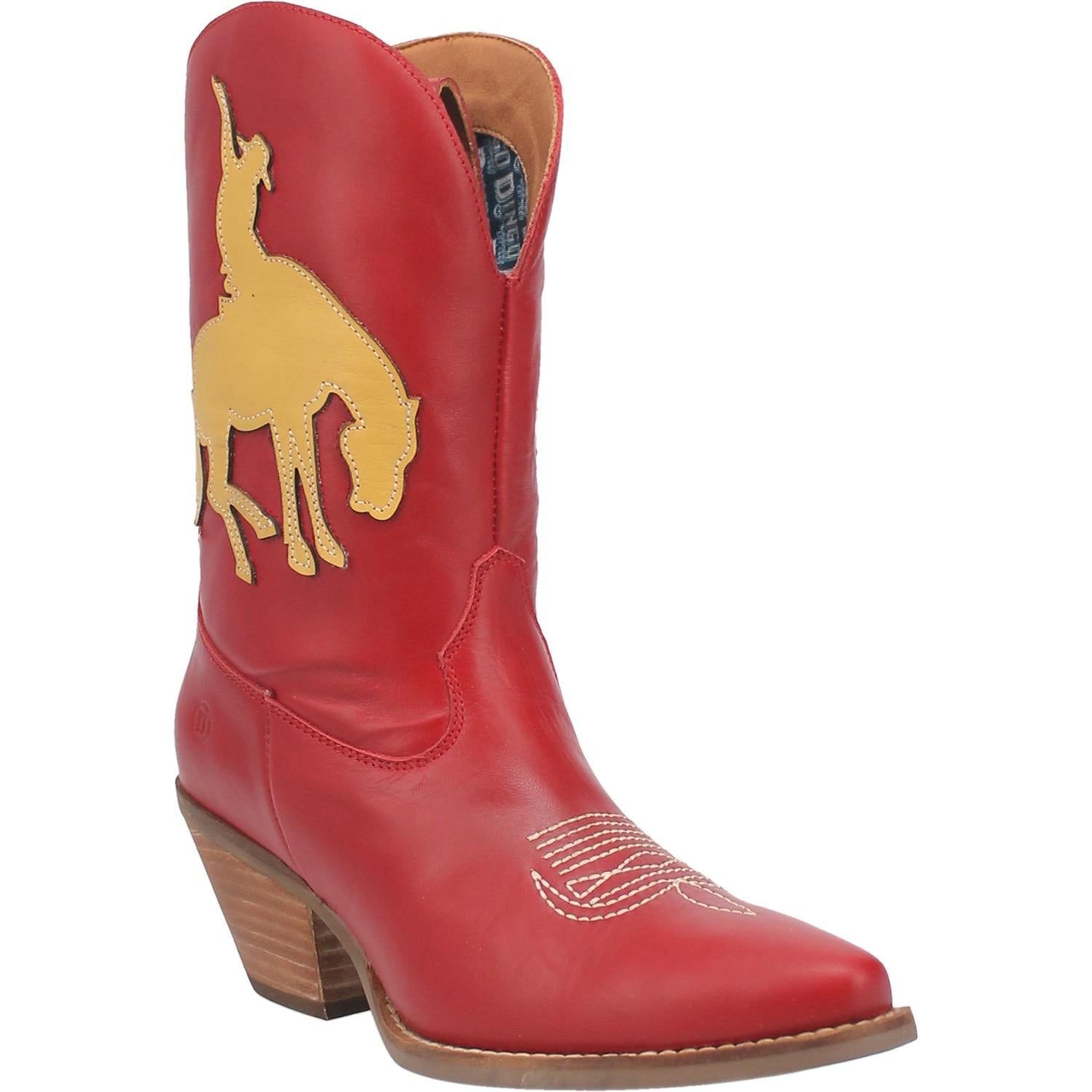 The boots shown are a mid calf height with a rounded pointed toe. They are genuine leather. They are red with a yellow leather piece sewn on each side of a bronc rider.