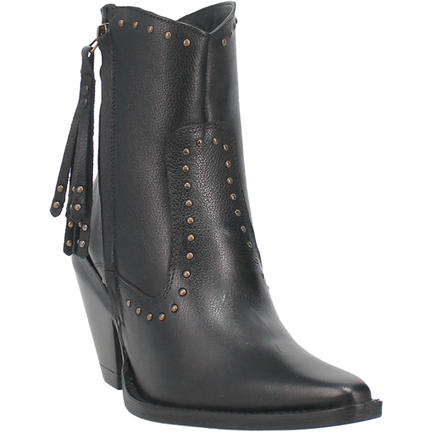 The boots shown are a low calf height bootie with a snip pointed toe made of genuine leather. The stud design and detail adds an additional edge to any outfit you pair them with. This pair is black leather.