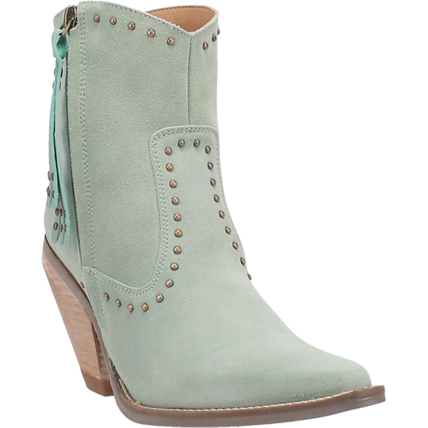 The boots shown are a low calf height bootie with a snip pointed toe made of genuine leather. The stud design and detail adds an additional edge to any outfit you pair them with. This pair is mint green suede. 