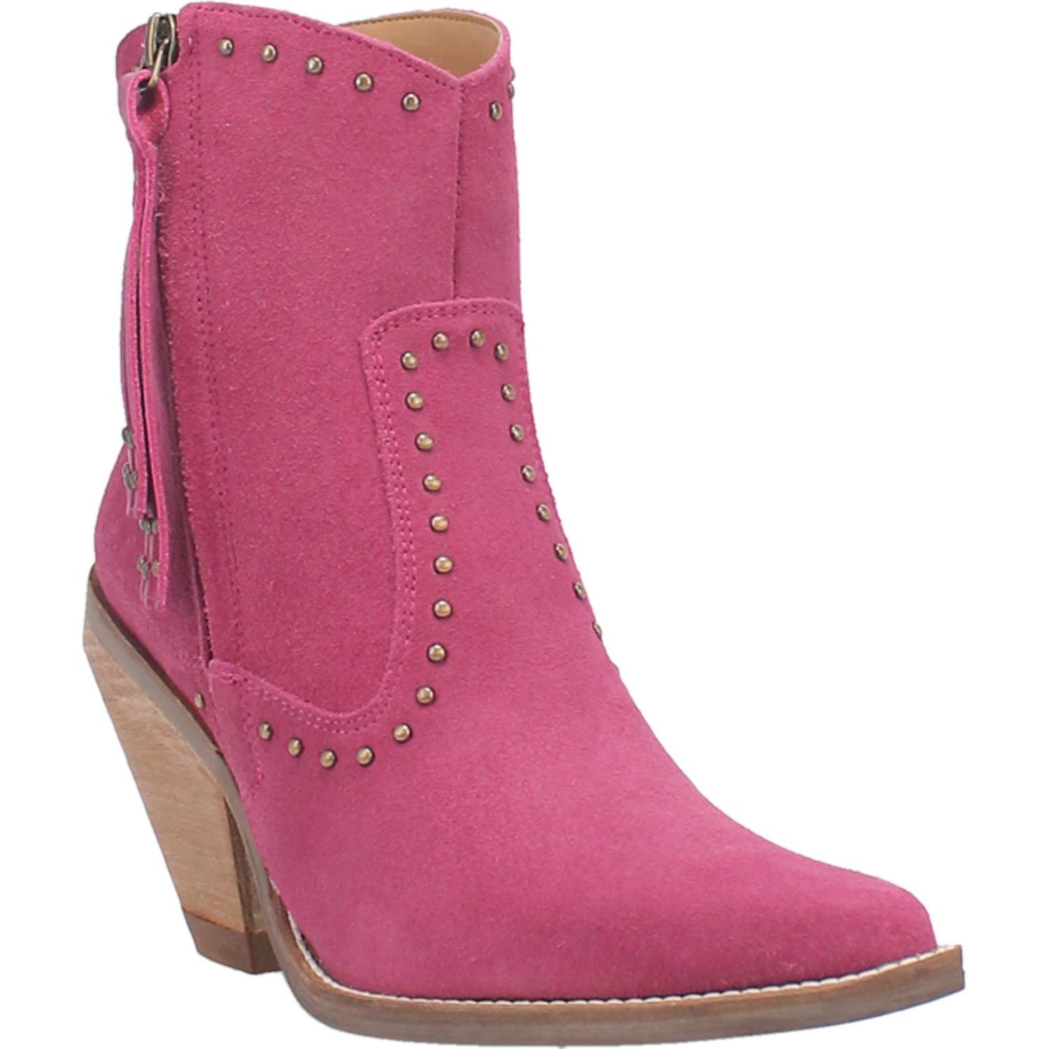The boots shown are a low calf height bootie with a snip pointed toe made of genuine leather. The stud design and detail adds an additional edge to any outfit you pair them with. This pair is fuchsia suede.