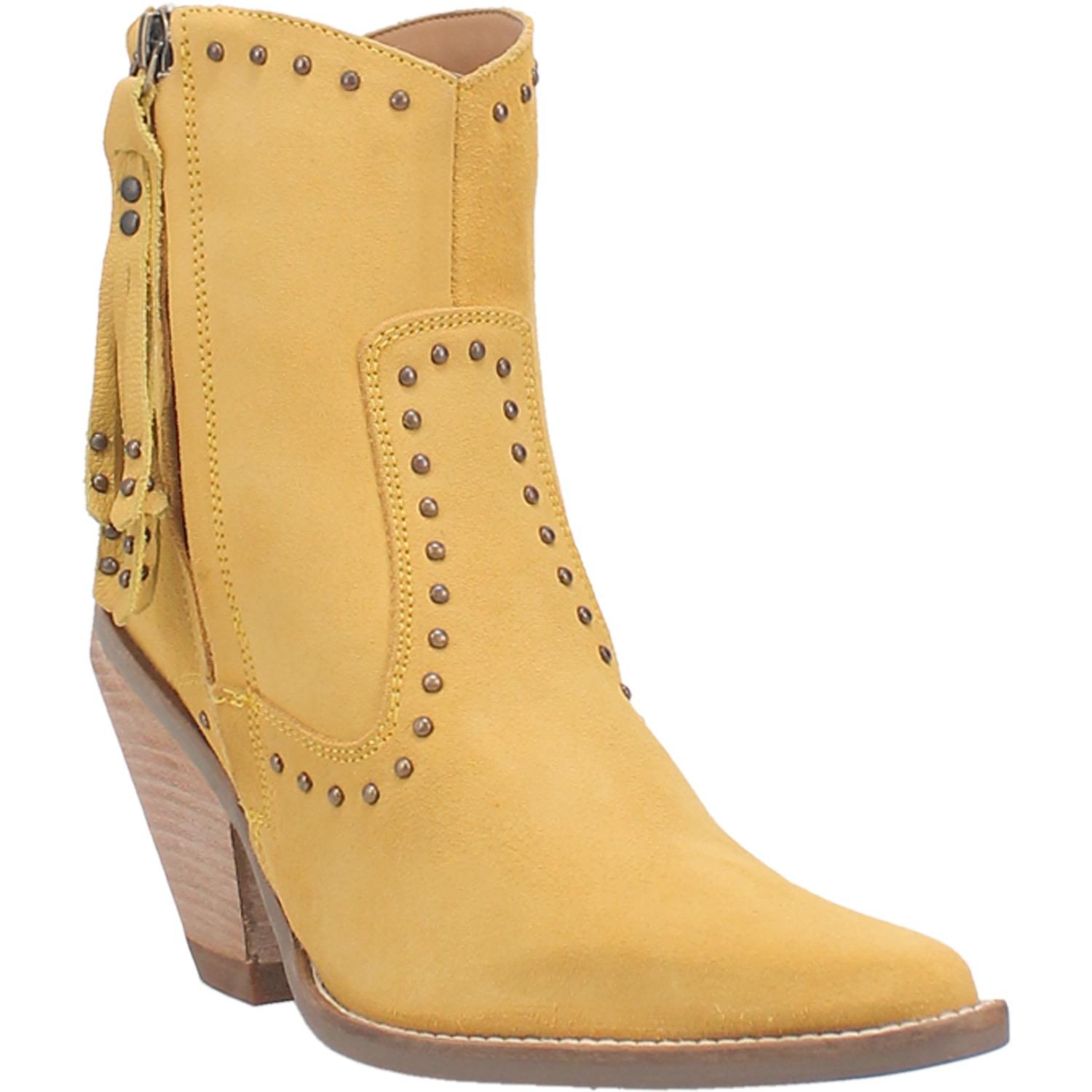 The boots shown are a low calf height bootie with a snip pointed toe made of genuine leather. The stud design and detail adds an additional edge to any outfit you pair them with. This pair is yellow suede. 