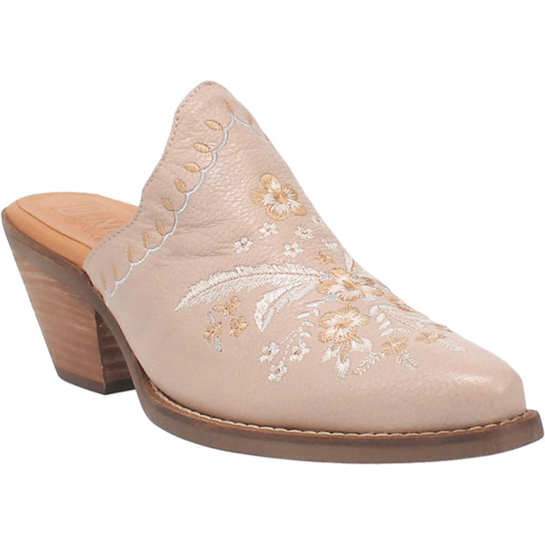 A sand bootie with a white and cream colored floral and feather design on the upper, a white and cream stitched design on the edge, and a short heel.