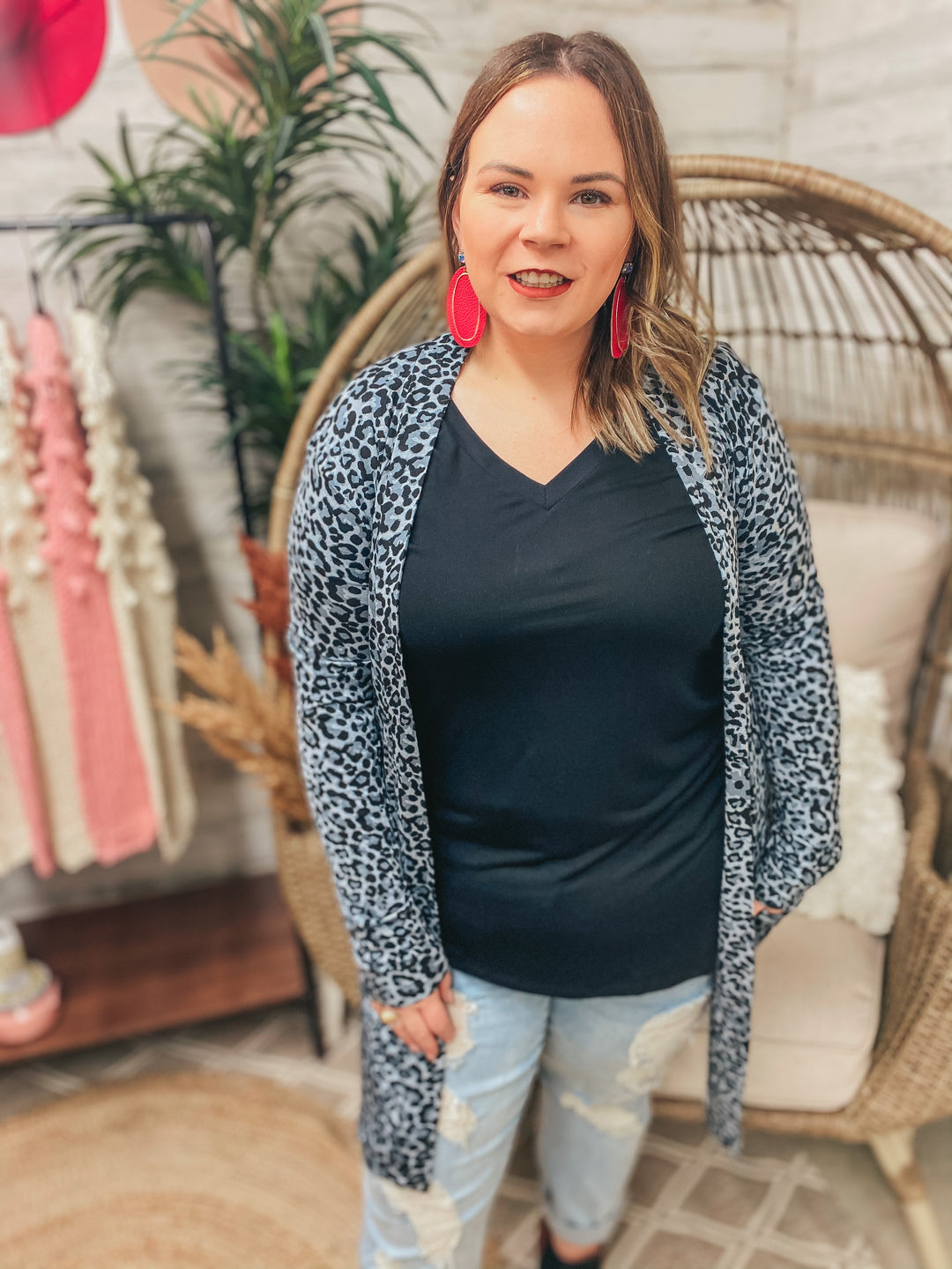 Put Me In The Spotlight Leopard Open Front Cardigan in Grey - Giddy Up Glamour Boutique