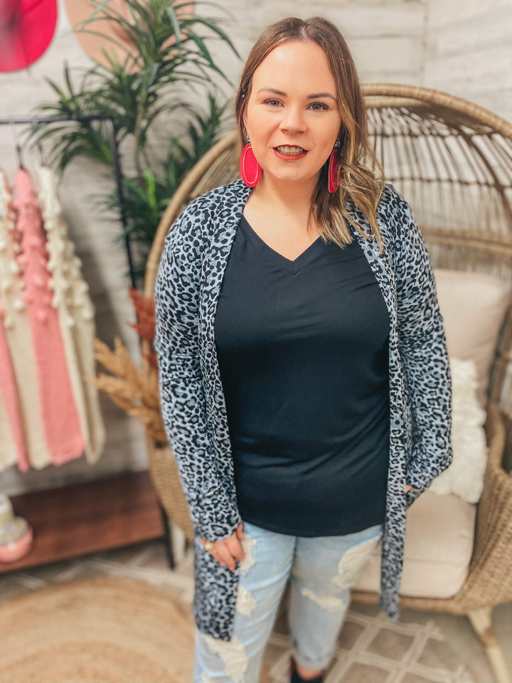 Put Me In The Spotlight Leopard Open Front Cardigan in Grey - Giddy Up Glamour Boutique