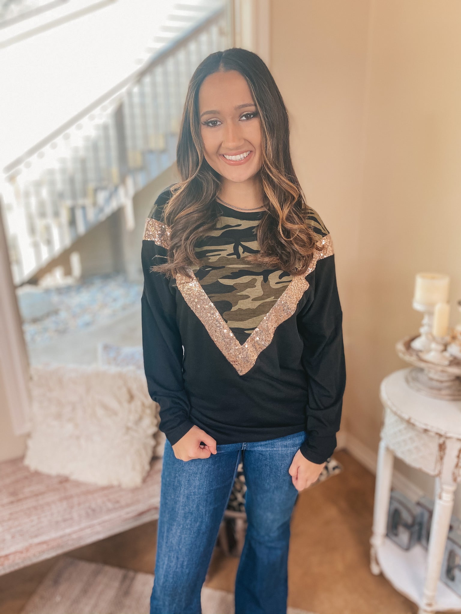 Last Chance Size Small & 3XL | A Sparkly Mindset Camouflage and Sequin Color Block Top in Black - Giddy Up Glamour Boutique