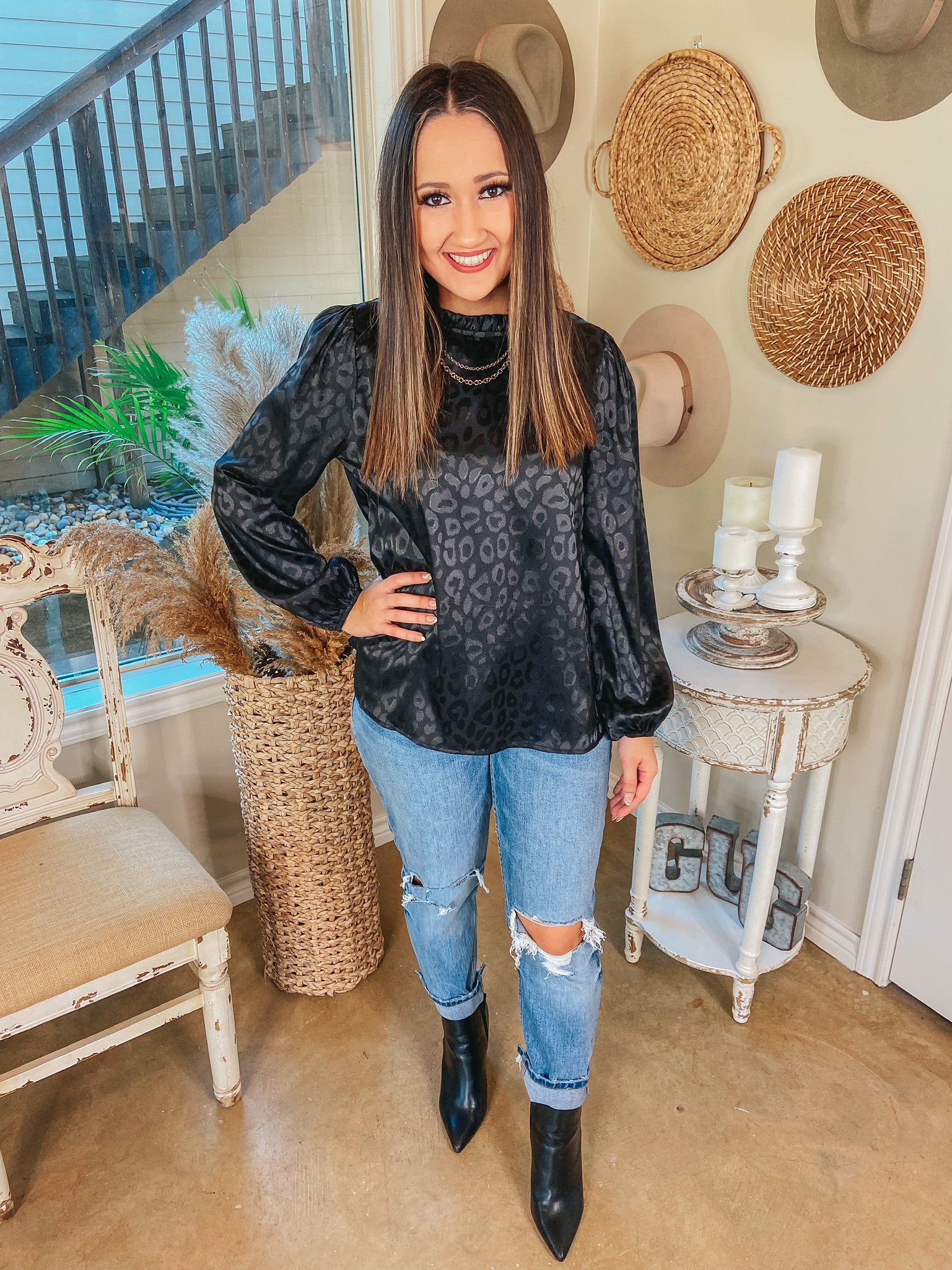 Last Chance Size Medium & 1XL | Styled in Shine Satin Leopard Print Long Sleeve Blouse in Black - Giddy Up Glamour Boutique