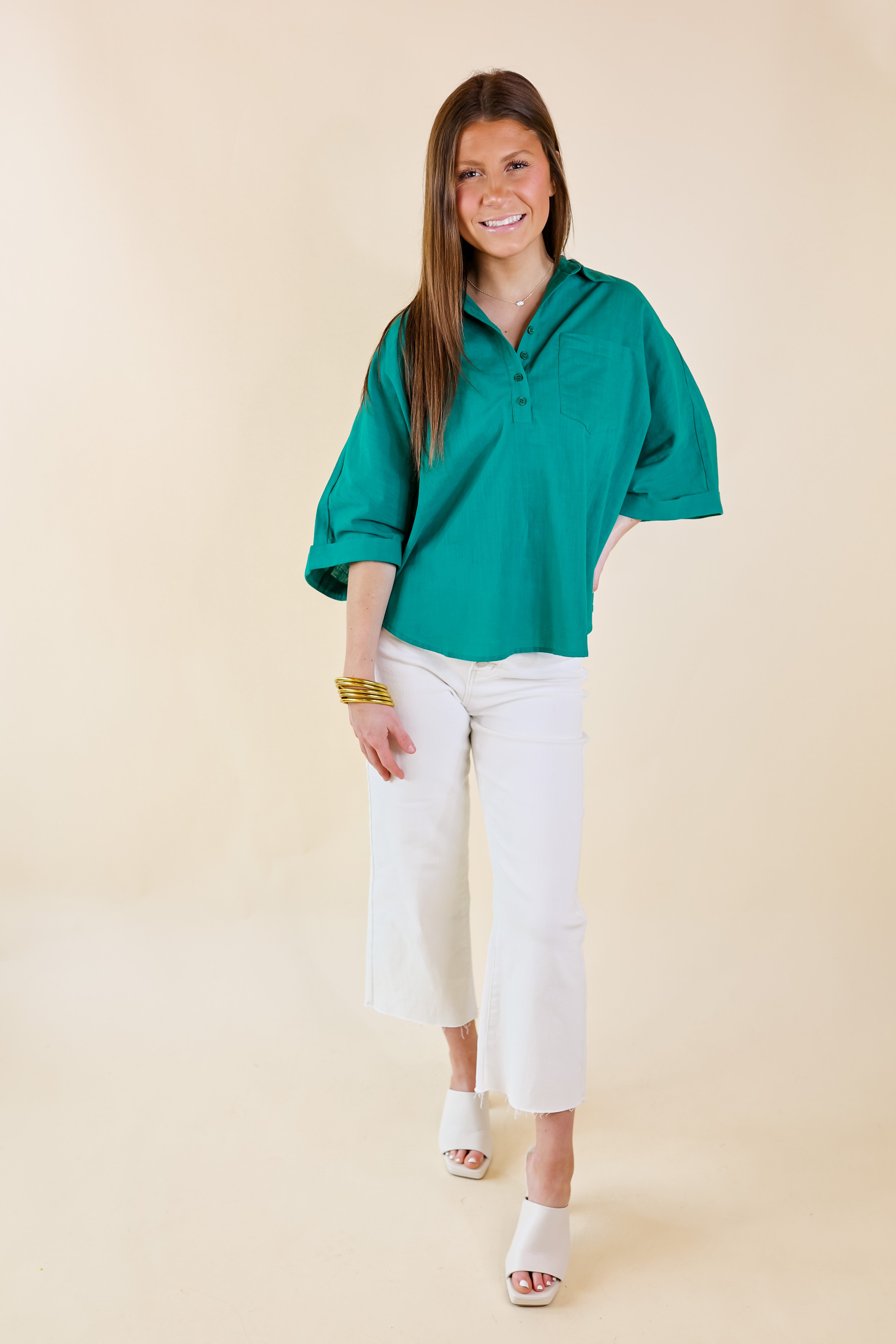 Sweet Surprise Half Button Up Poncho Top with Collared Neckline in Teal Green - Giddy Up Glamour Boutique