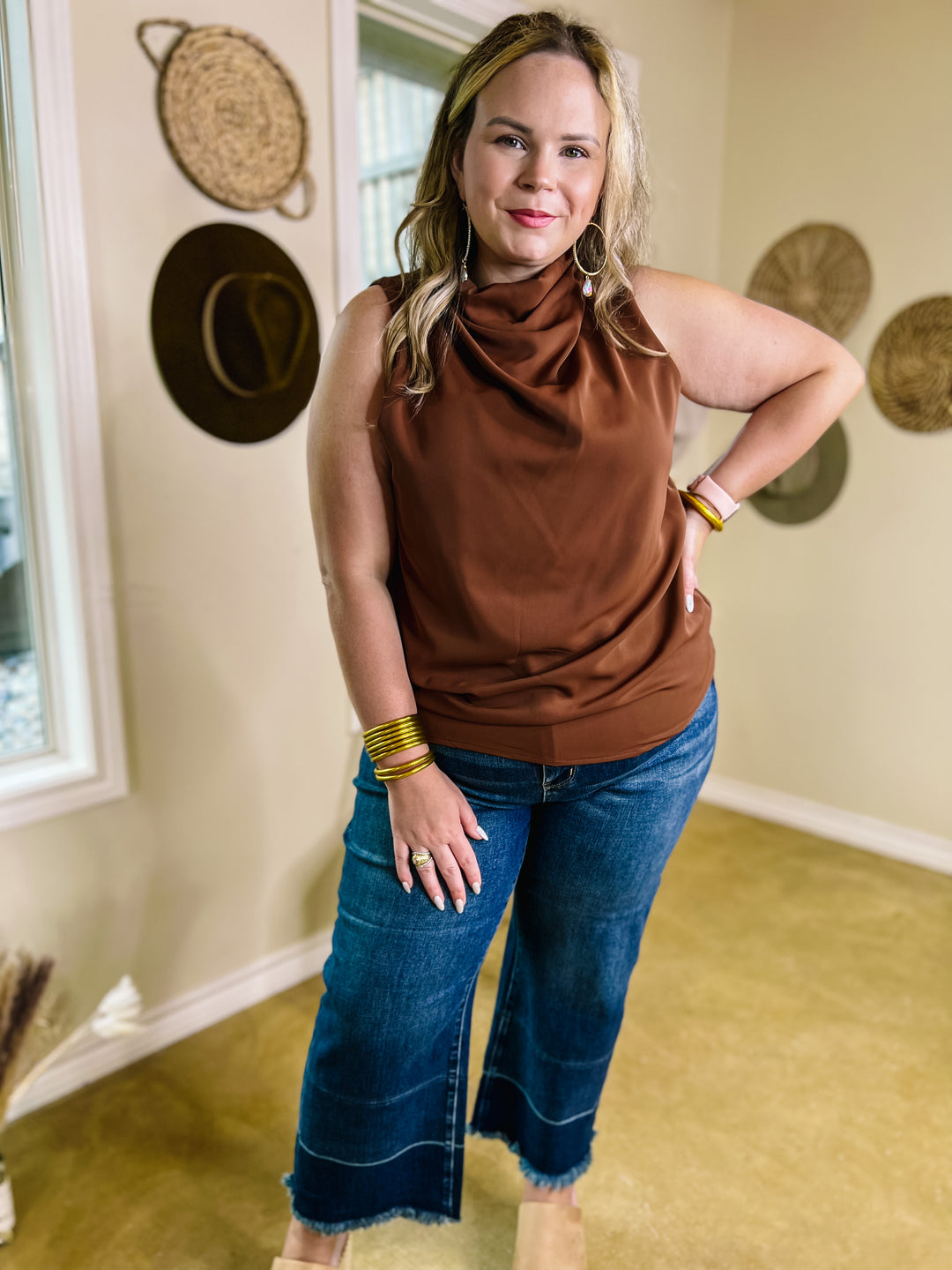 Hot Spot High Cowl Neck Tank Top in Brown - Giddy Up Glamour Boutique