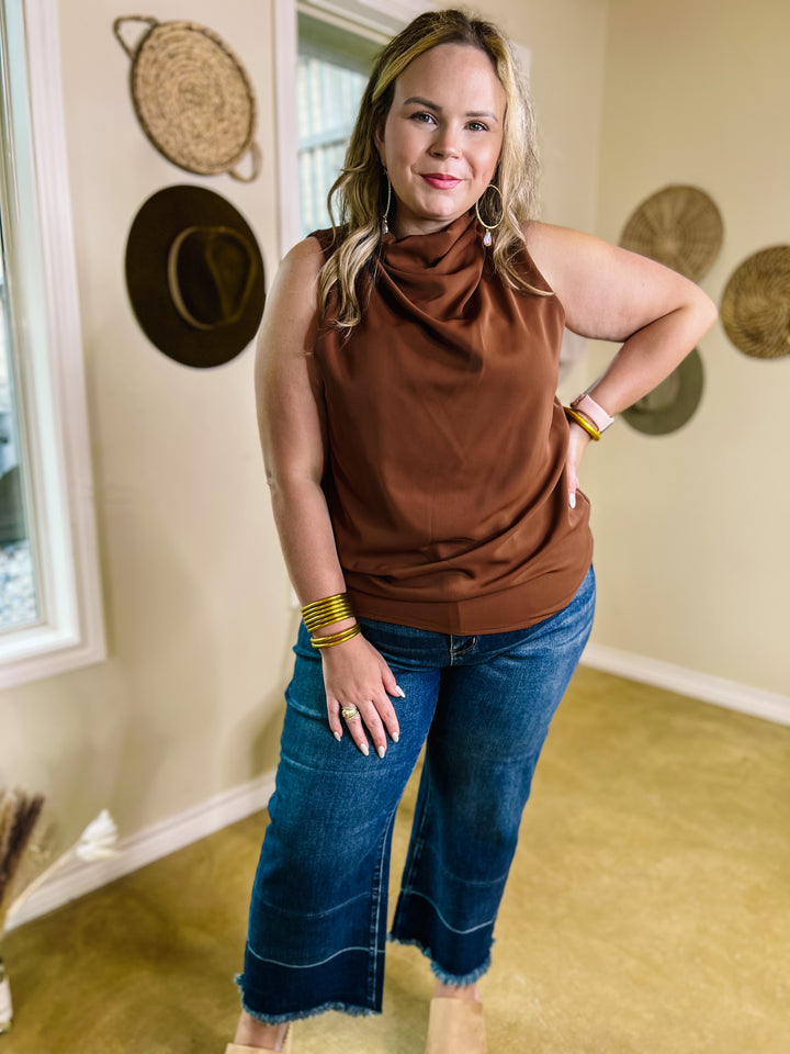 Hot Spot High Cowl Neck Tank Top in Brown - Giddy Up Glamour Boutique