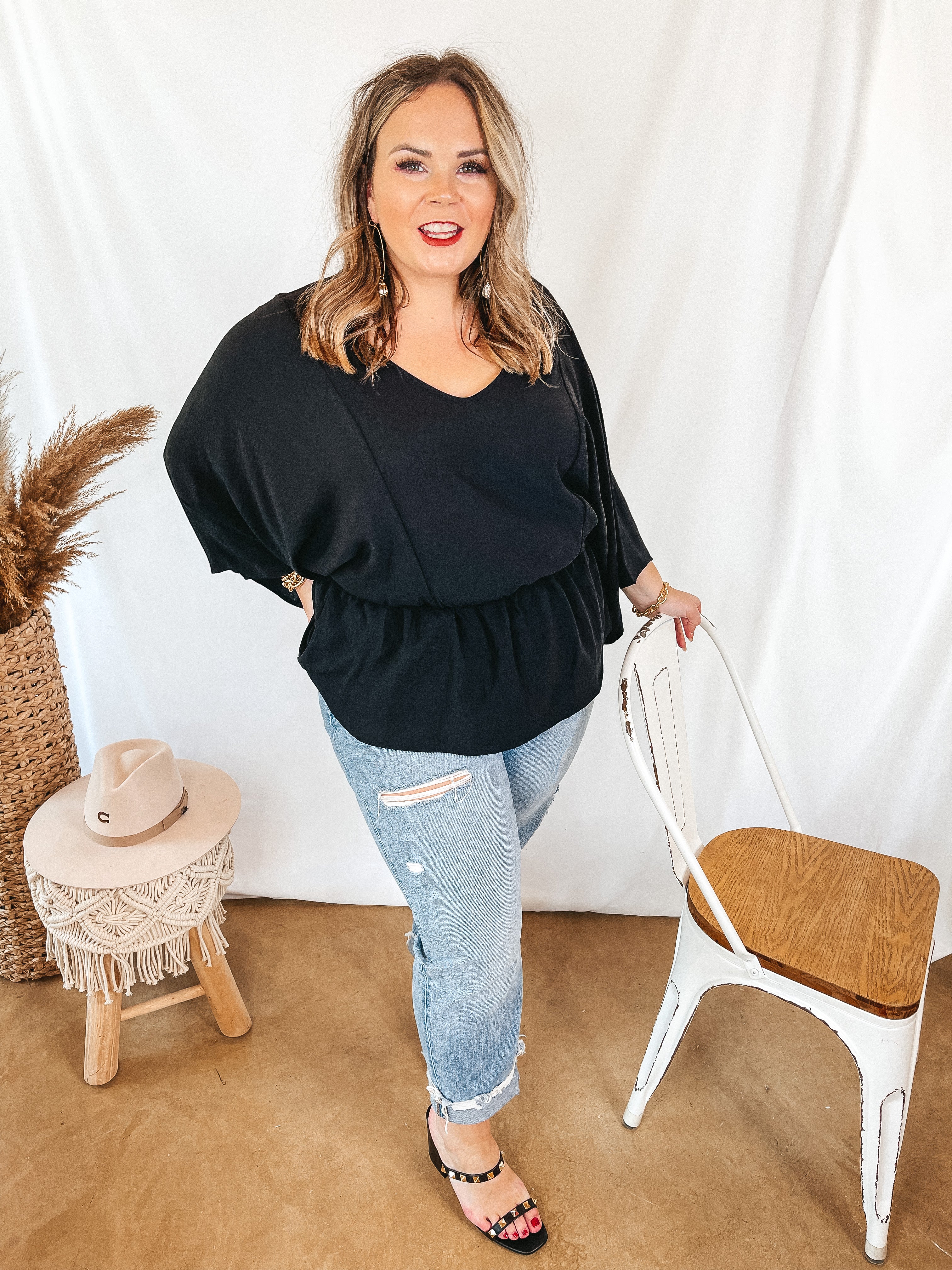 Switch It Up 3/4 Drop Sleeve Peplum Blouse in Black - Giddy Up Glamour Boutique