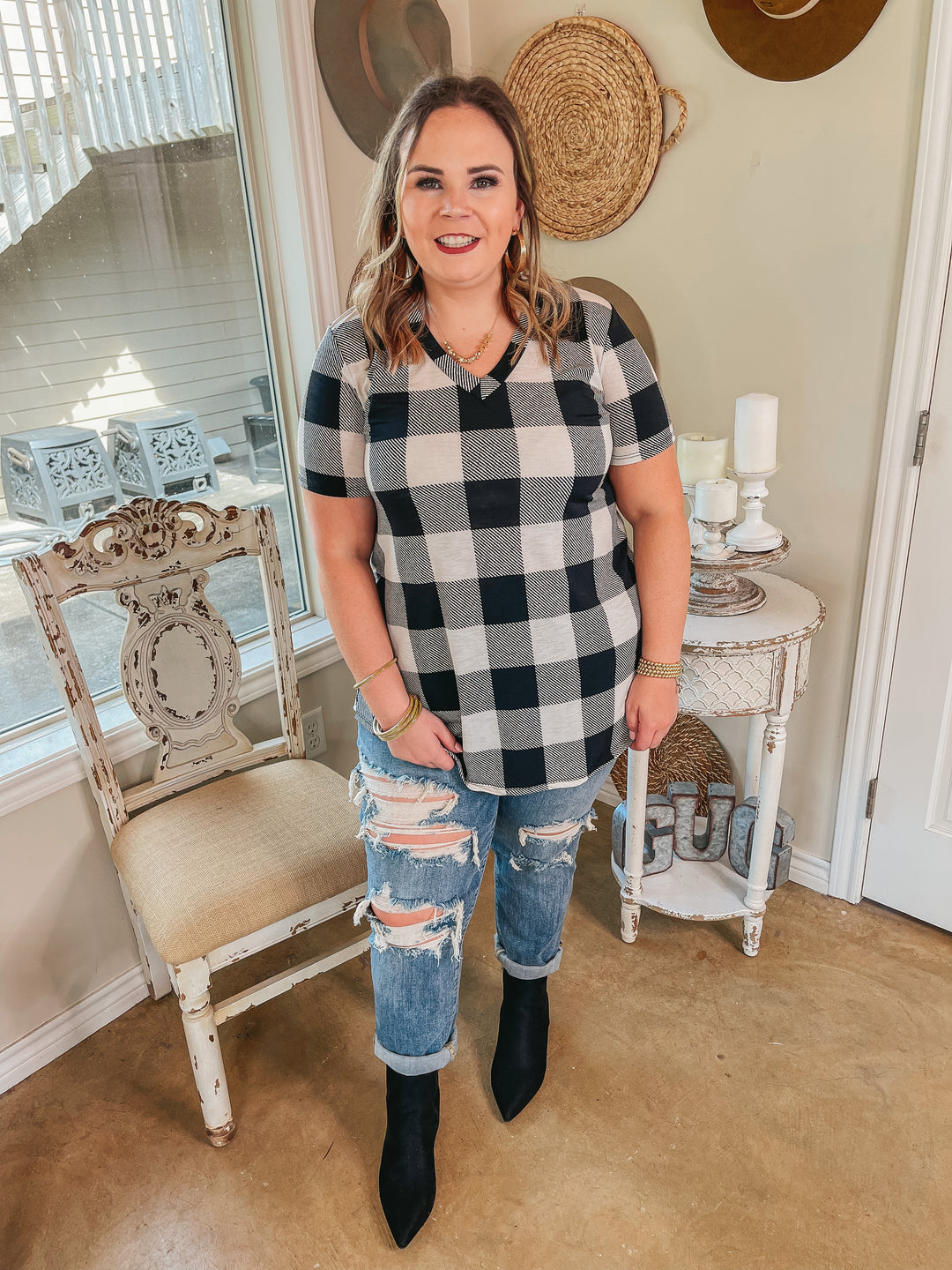 Keep Things Simple Buffalo Plaid V Neck Tee in Ivory - Giddy Up Glamour Boutique