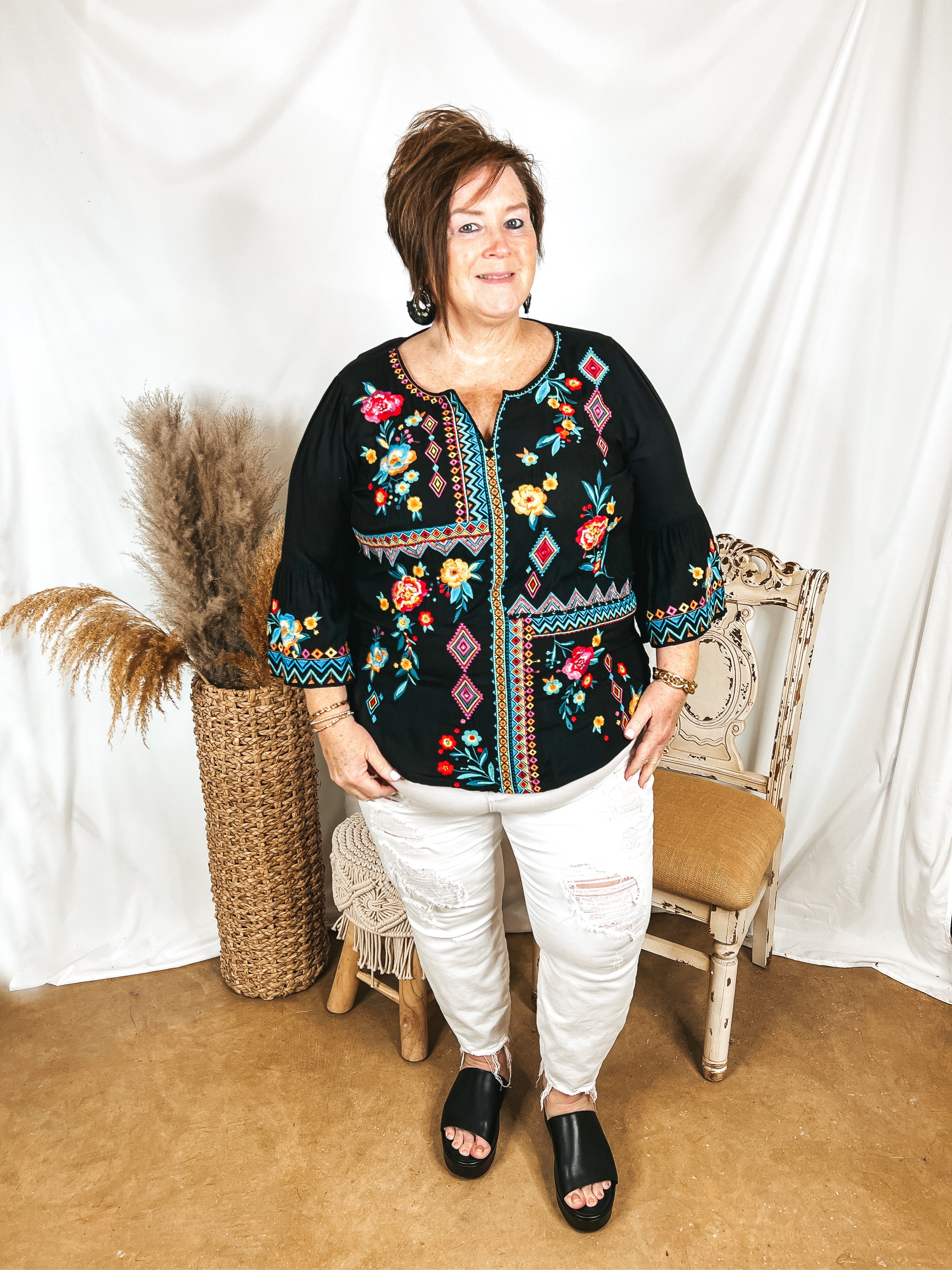 Light the Way 3/4 Sleeve Embroidered Top with Notched Neck in Black - Giddy Up Glamour Boutique