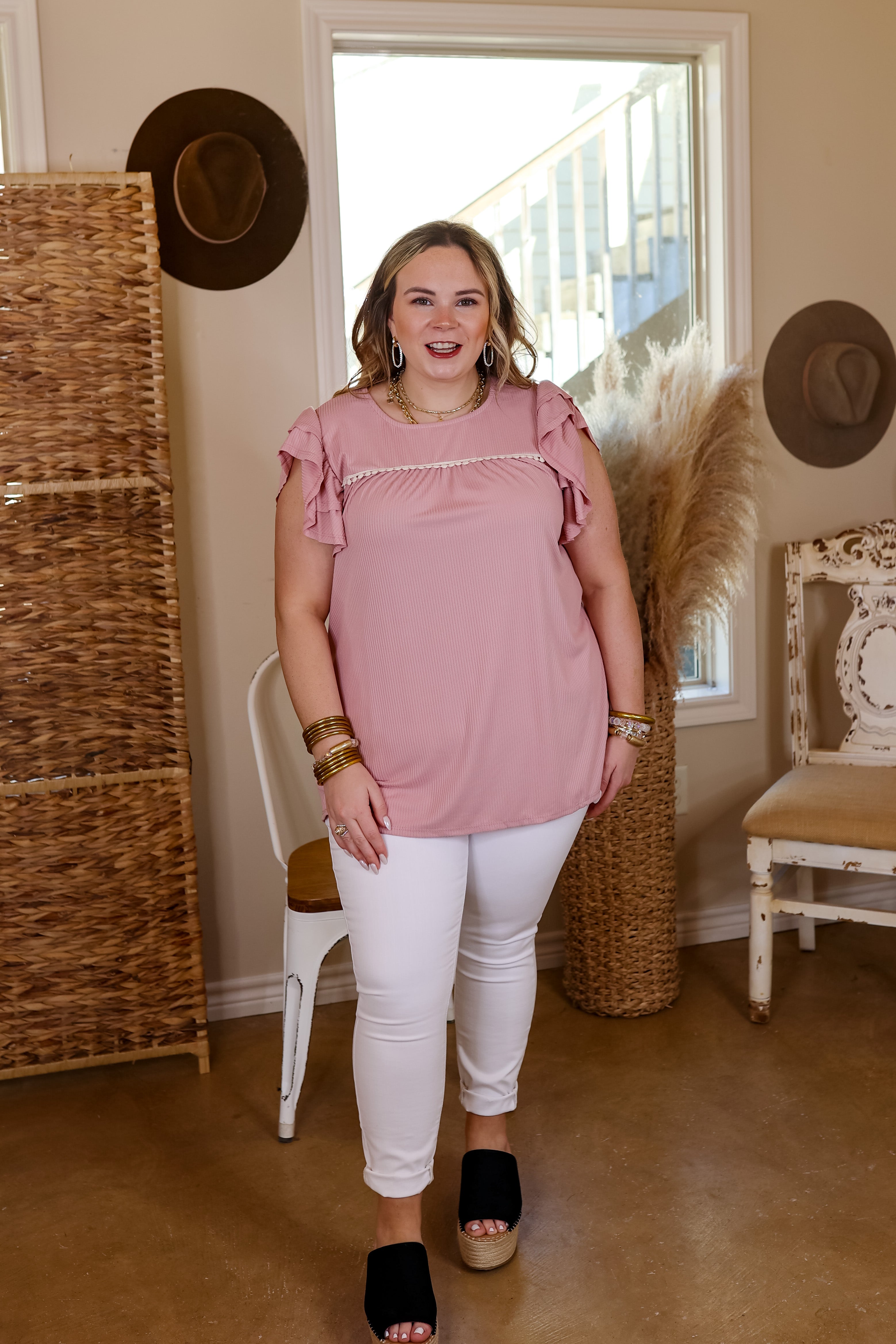 Everyday Beautiful Ribbed Ruffle Cap Sleeve Top with Crochet Detail in Dusty Pink - Giddy Up Glamour Boutique