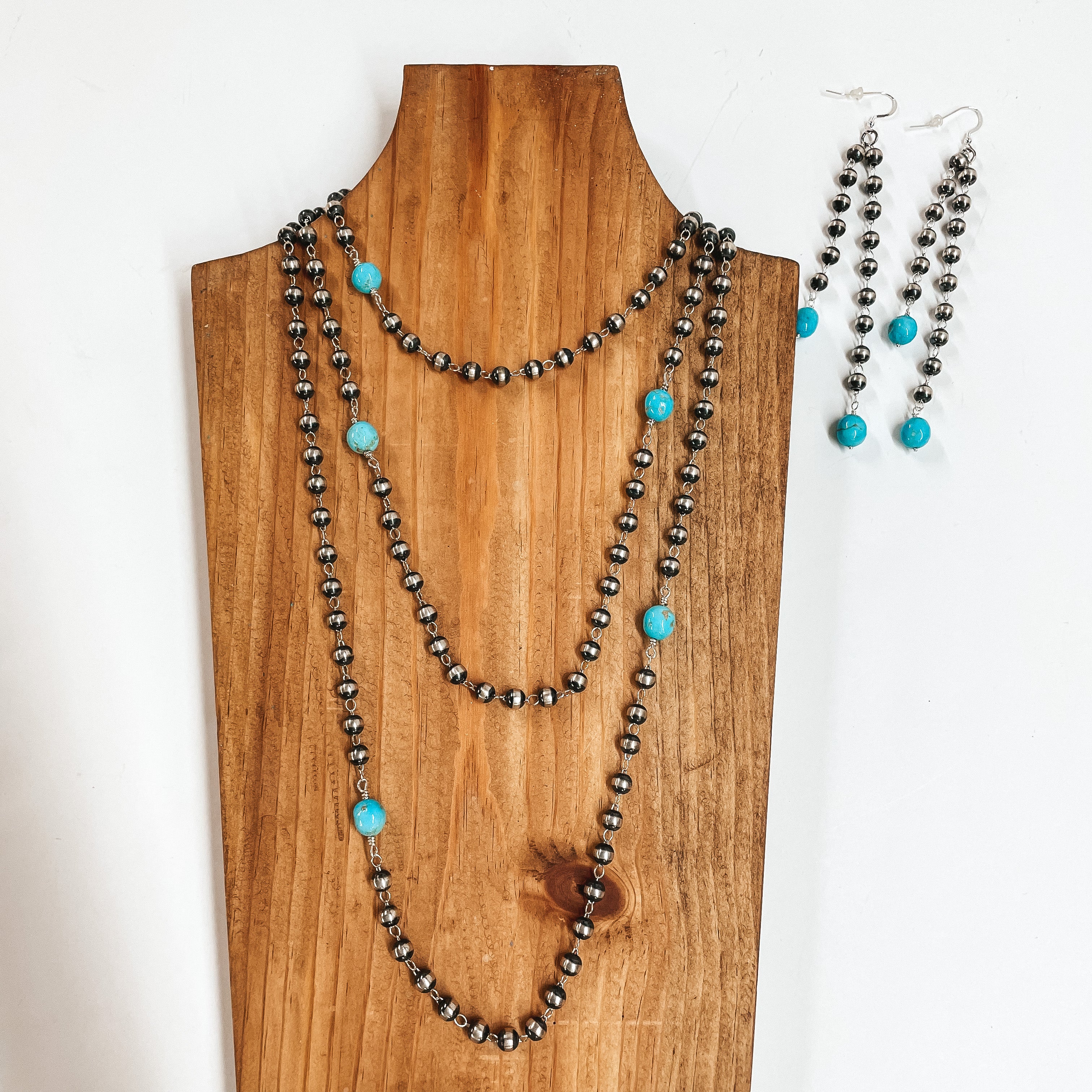 Navajo | Navajo Handmade Sterling Silver 6mm Navajo Pearl Necklace with Turquoise Stones + Matching Earrings | 60" - Giddy Up Glamour Boutique