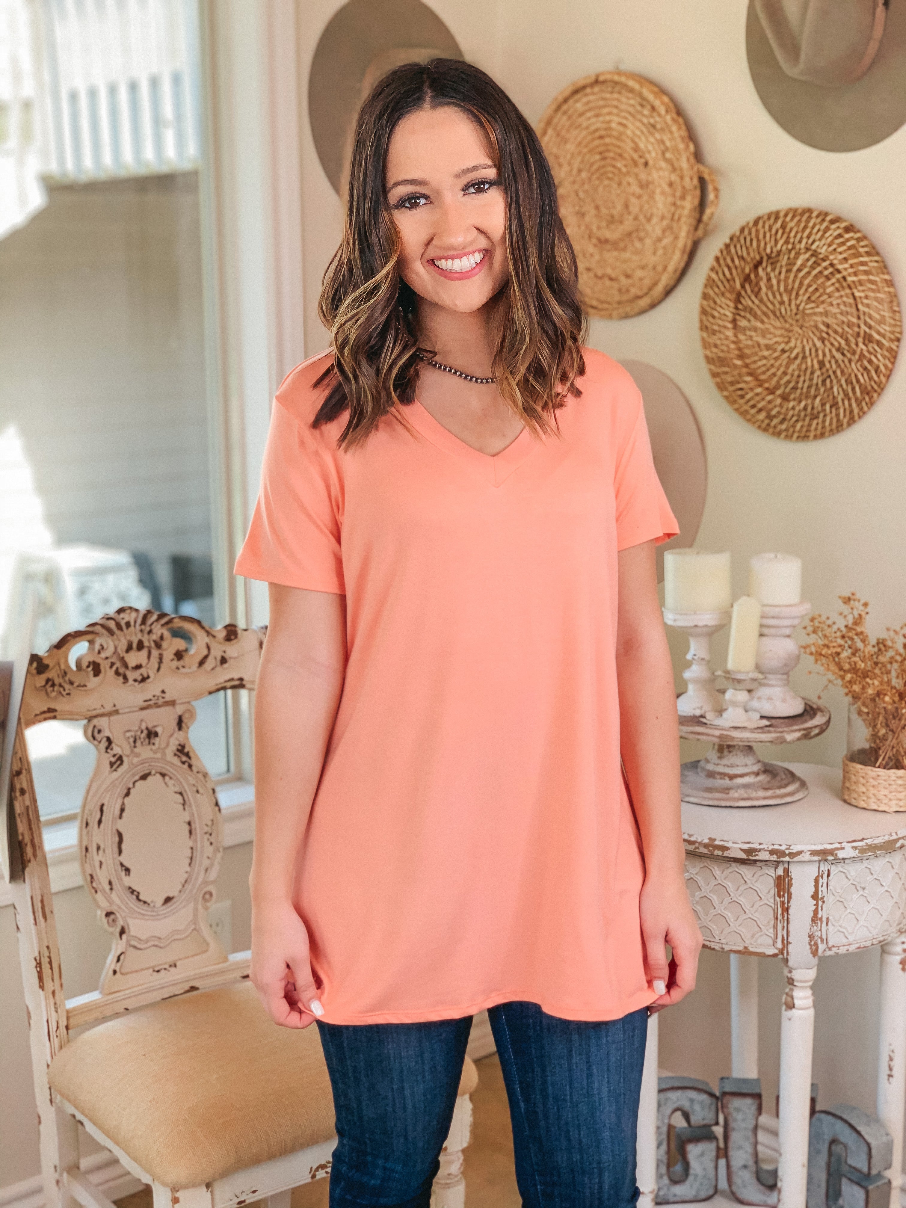It's That Simple Solid V Neck Tee in Peach - Giddy Up Glamour Boutique