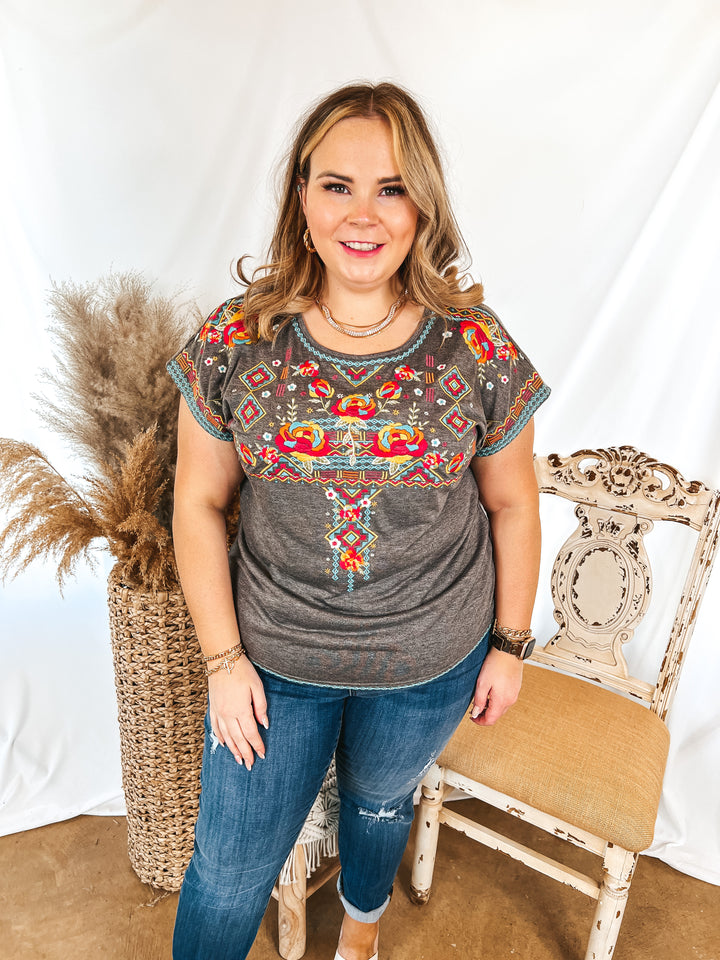 Maya Riviera Floral and Aztec Embroidered Short Sleeve Top in Charcoal Grey - Giddy Up Glamour Boutique