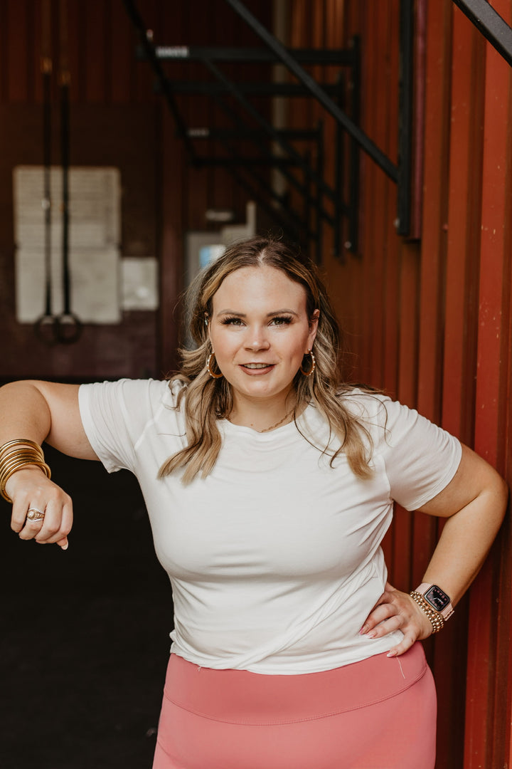 Setting The Barre Short Sleeve Crop Top in Off White - Giddy Up Glamour Boutique