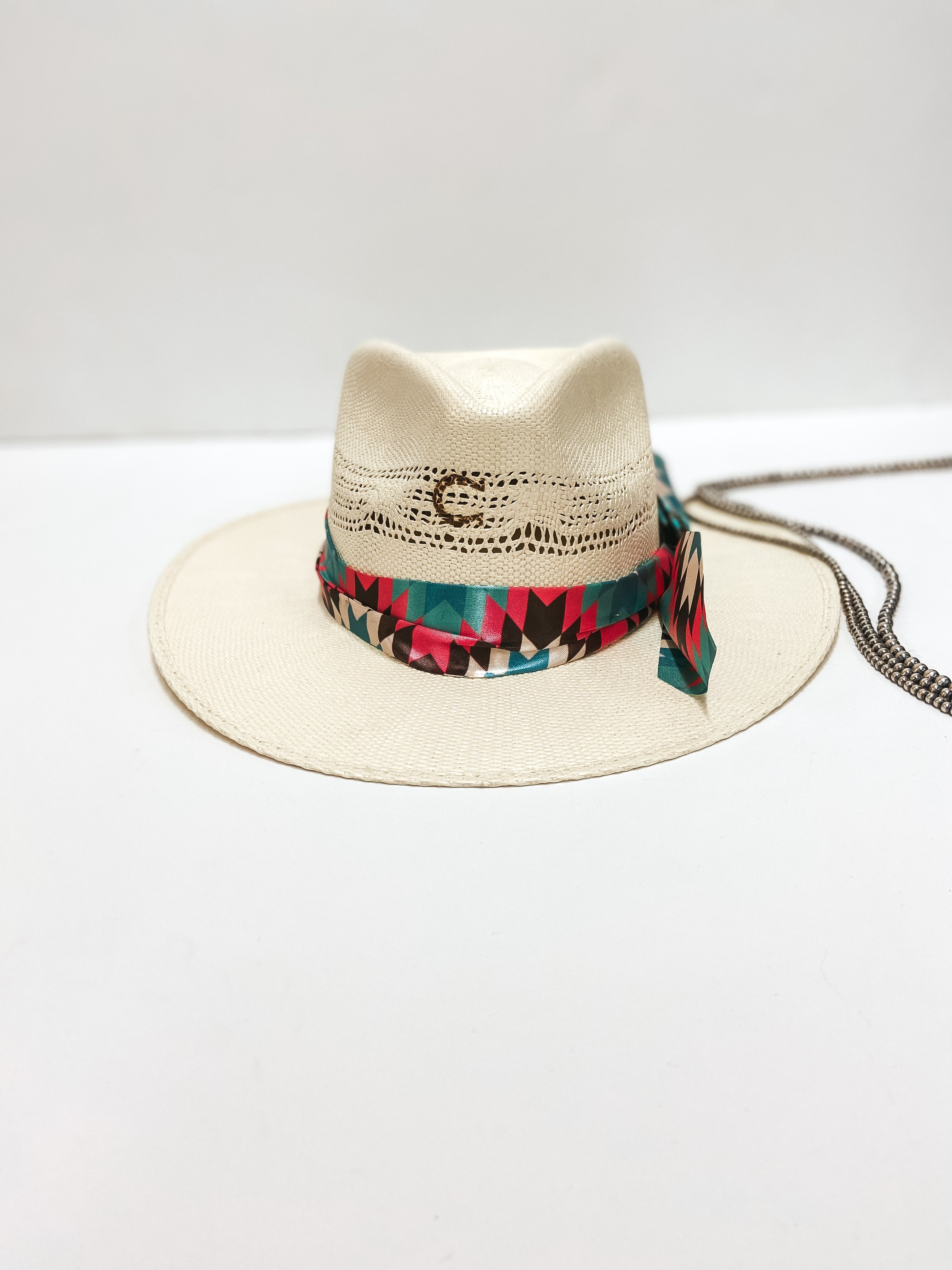 Charlie 1 Horse | Hissy Fit Straw Hat with Aztec Print Ribbon Band and Silver and Turquoise Concho Pin - Giddy Up Glamour Boutique