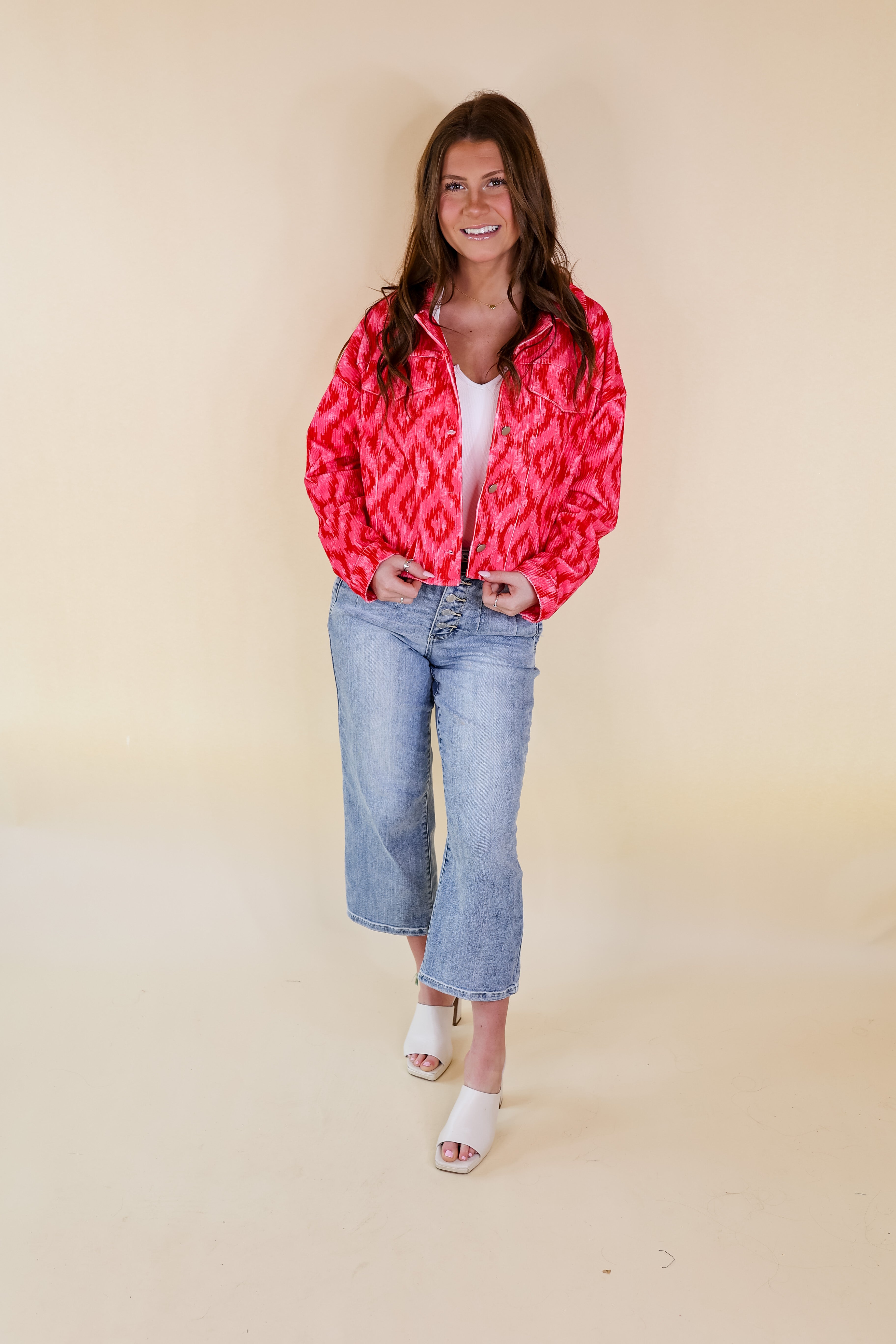 Stay Sweet Mosaic Print Corduroy Jacket with Crystal Fringe Back in Pink and Red - Giddy Up Glamour Boutique