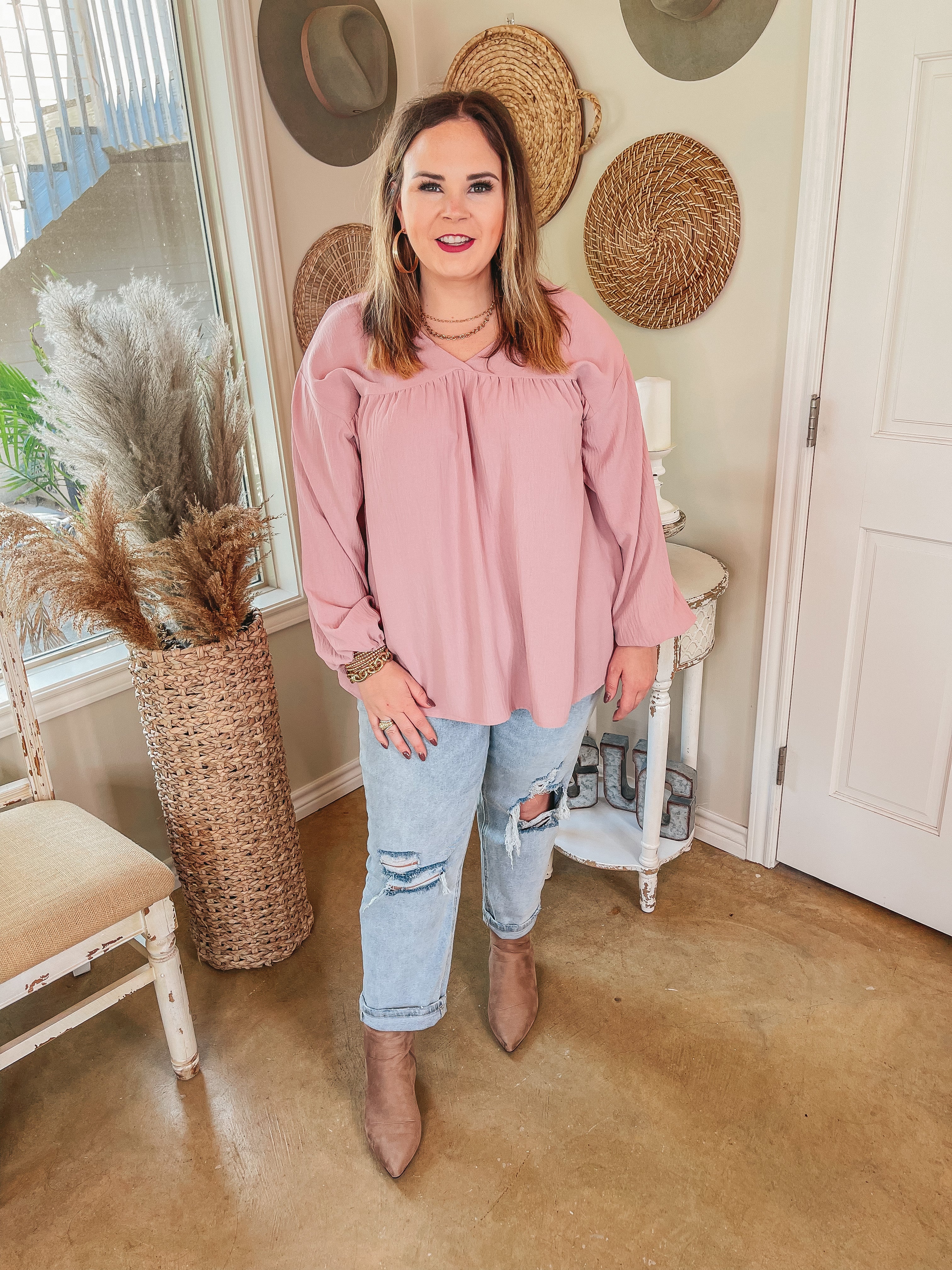 Office Feels Long Sleeve V Neck Babydoll Top in Dusty Pink - Giddy Up Glamour Boutique