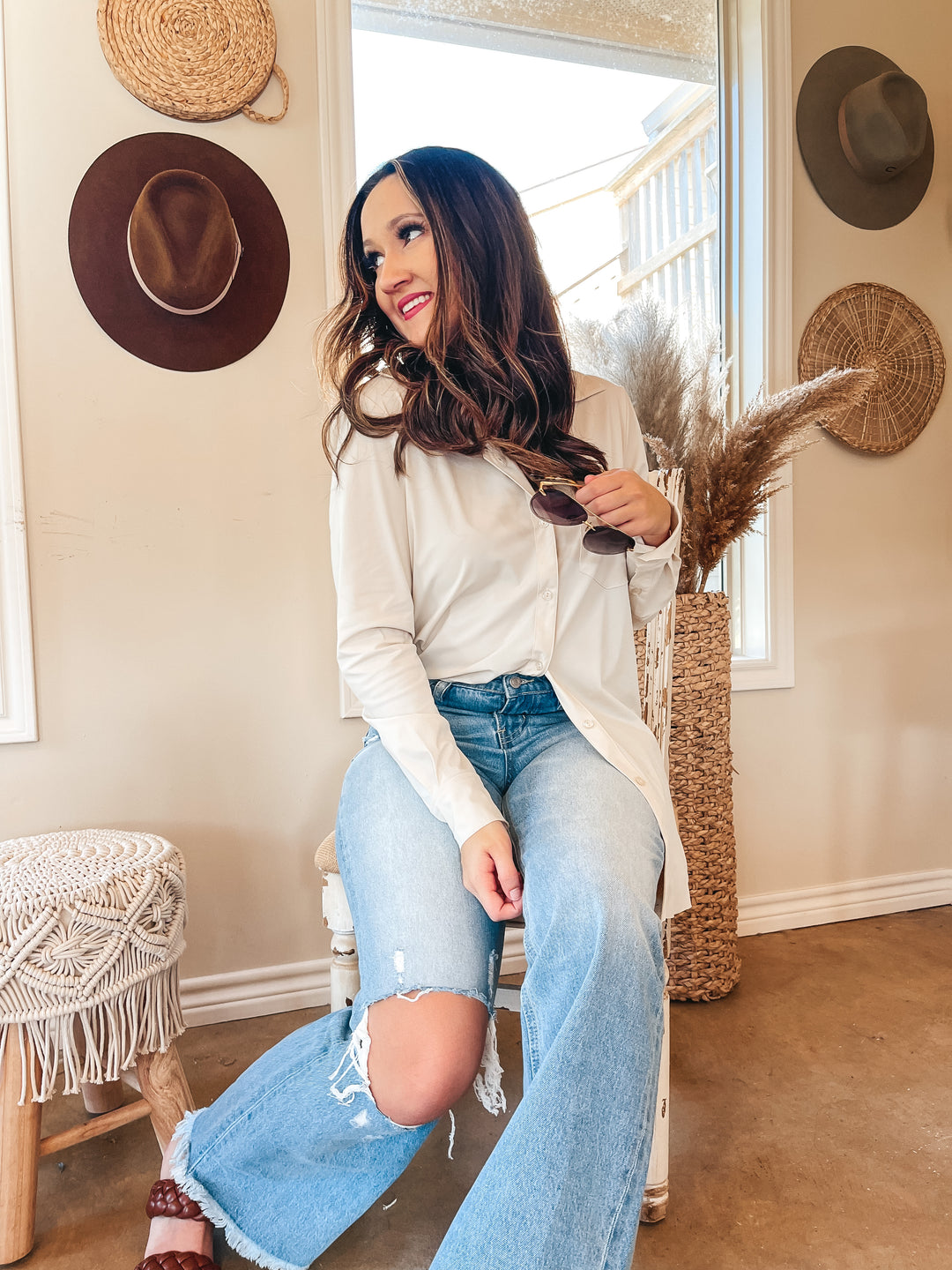 Online Exclusive | Lysse Schiffer Button Down Dress Shirt in Oyster (Ivory) - Giddy Up Glamour Boutique