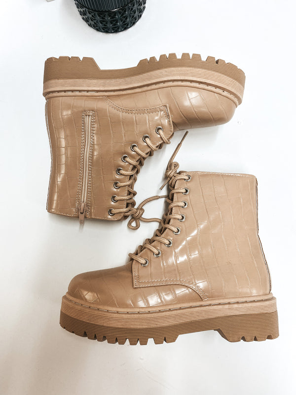 Born to be Wild Combat Boots in Taupe Croc