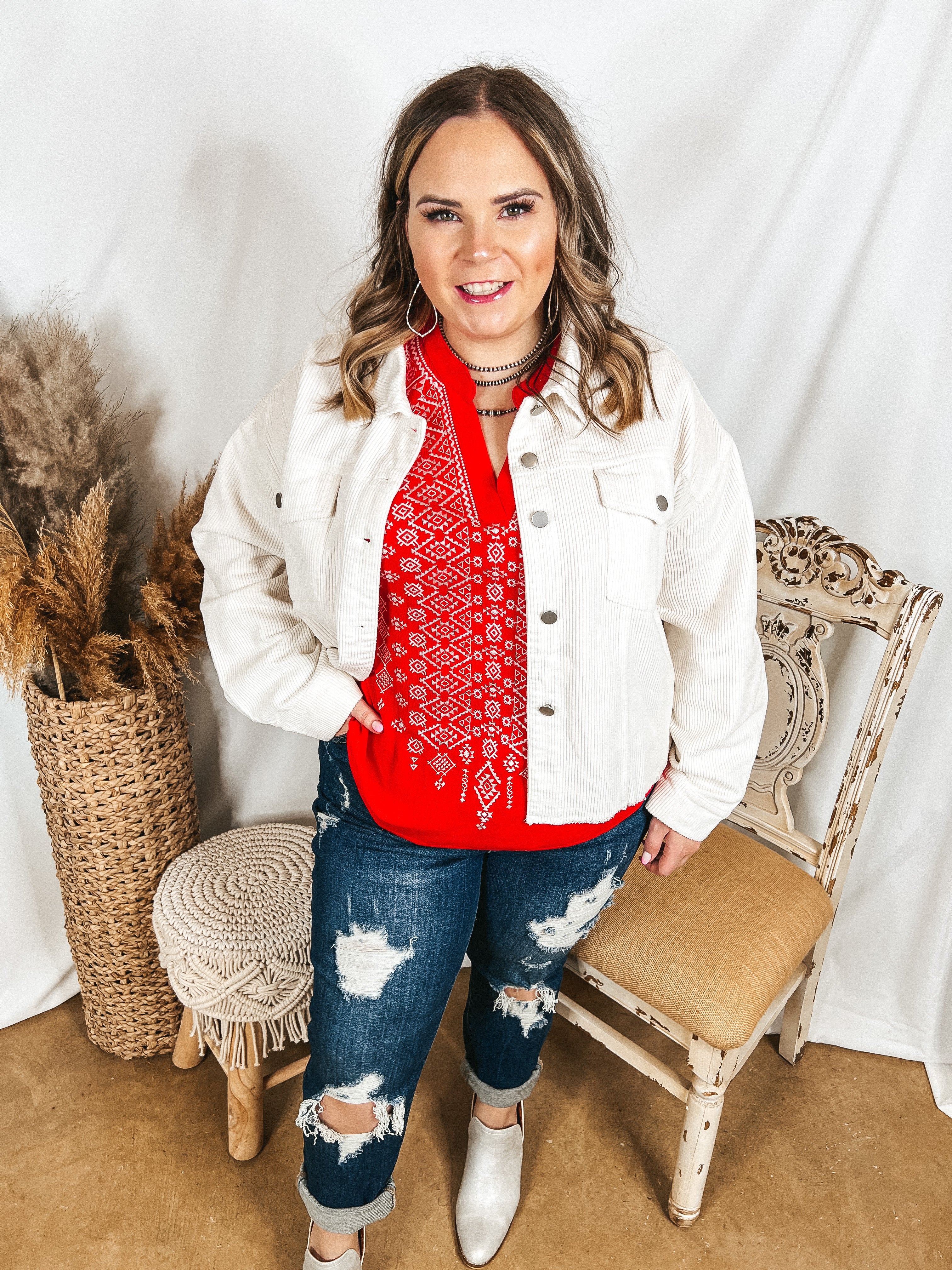 Edgy and Chic Button Up Corduroy Jacket with Raw Hem in Ivory - Giddy Up Glamour Boutique