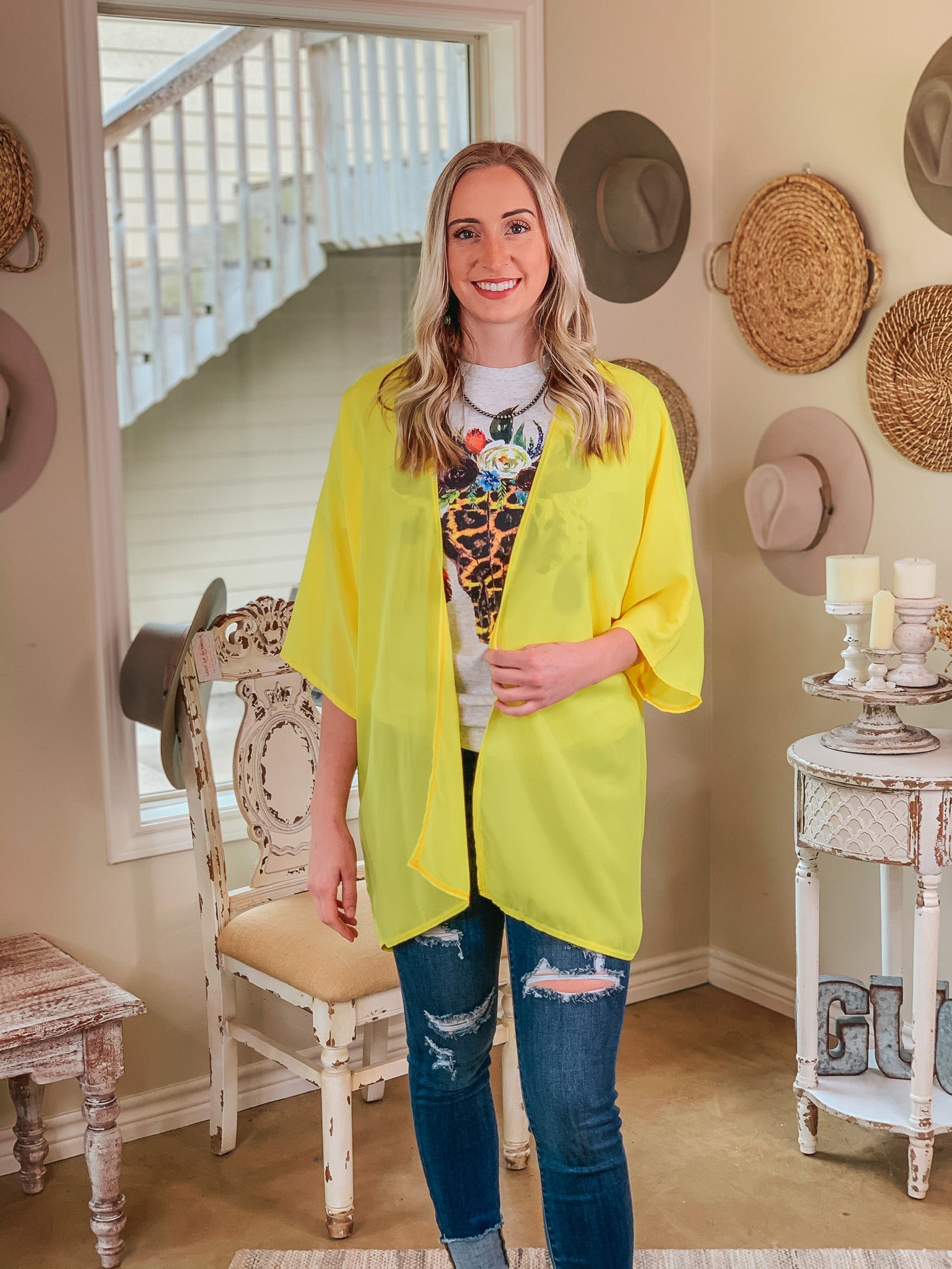 Like A Melody Solid Sheer Kimono in Yellow - Giddy Up Glamour Boutique